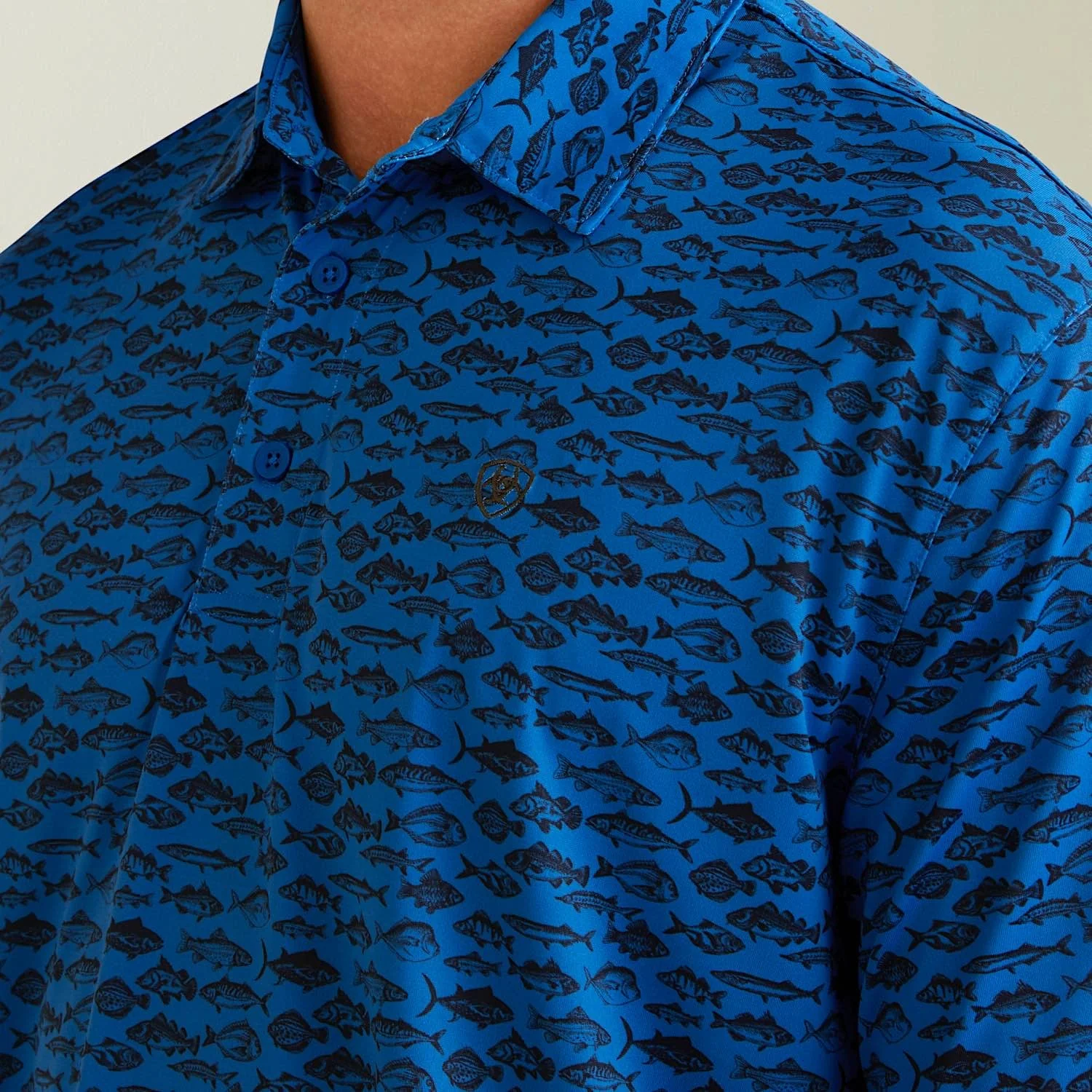 Ariat Mens All Over Fish Print S/S Polo Cendre Blue - Image 3
