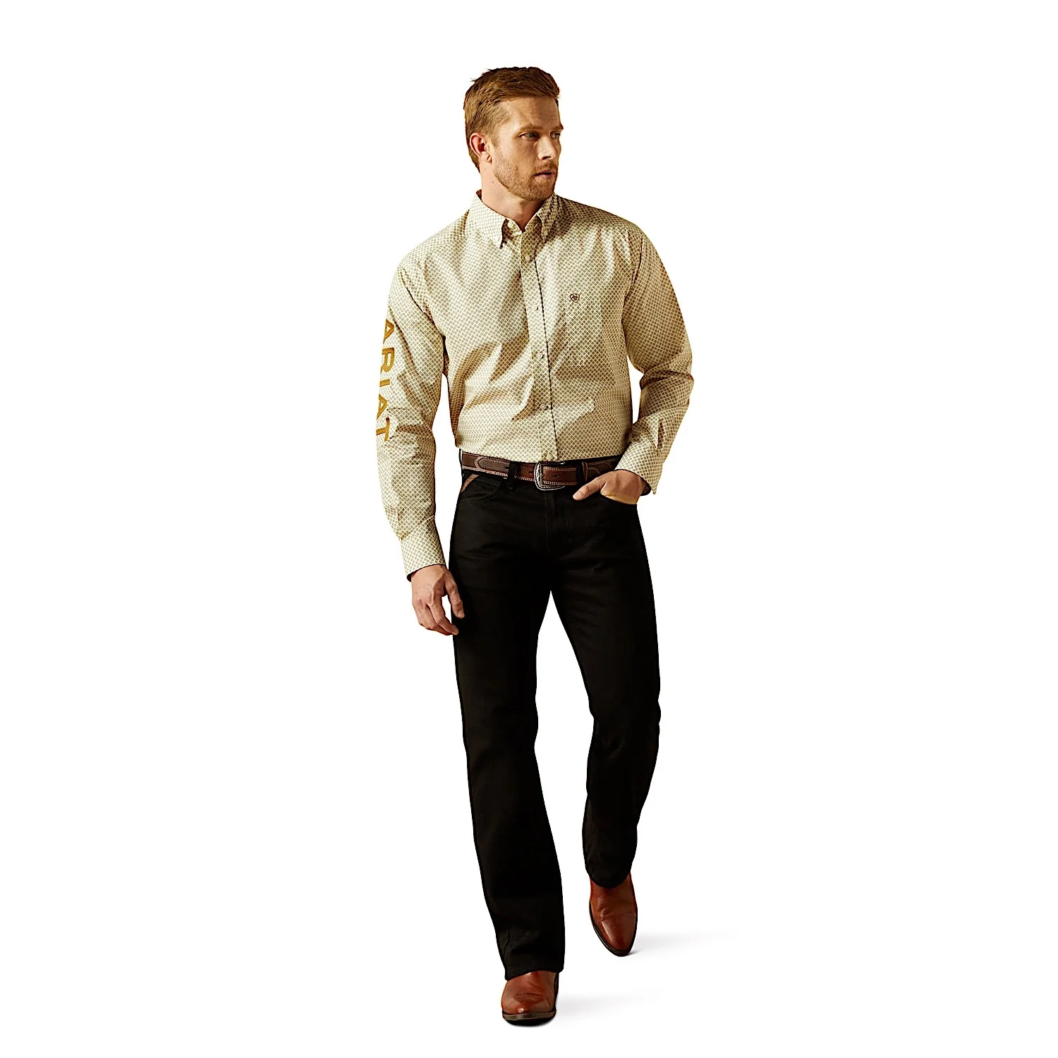 Ariat Men's Team Pierce Classic Fit Shirt - Cream/Light Brown - Image 3