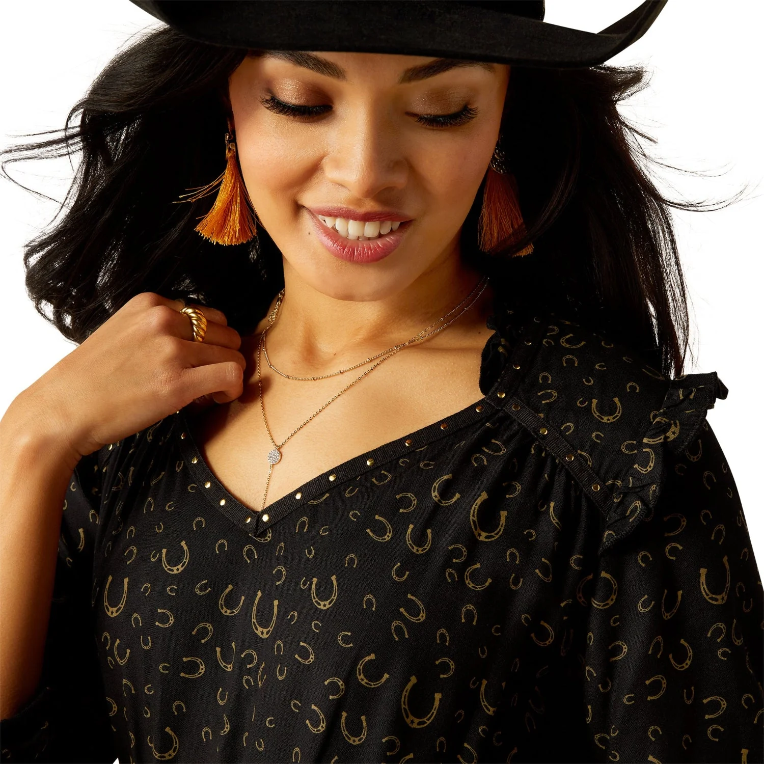 Ariat Women's Blinged Out Dress - Golden Horseshoes Print - Image 3