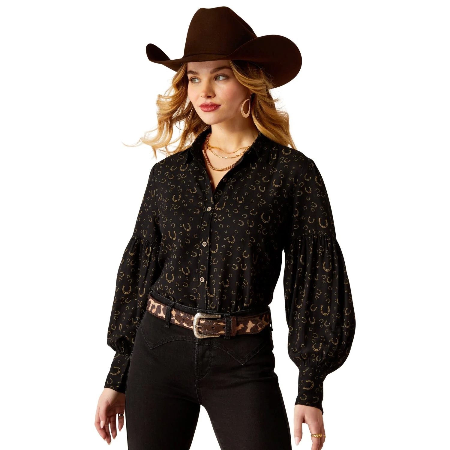 Ariat Women's Blinged Out Top - Golden Horseshoes Print
