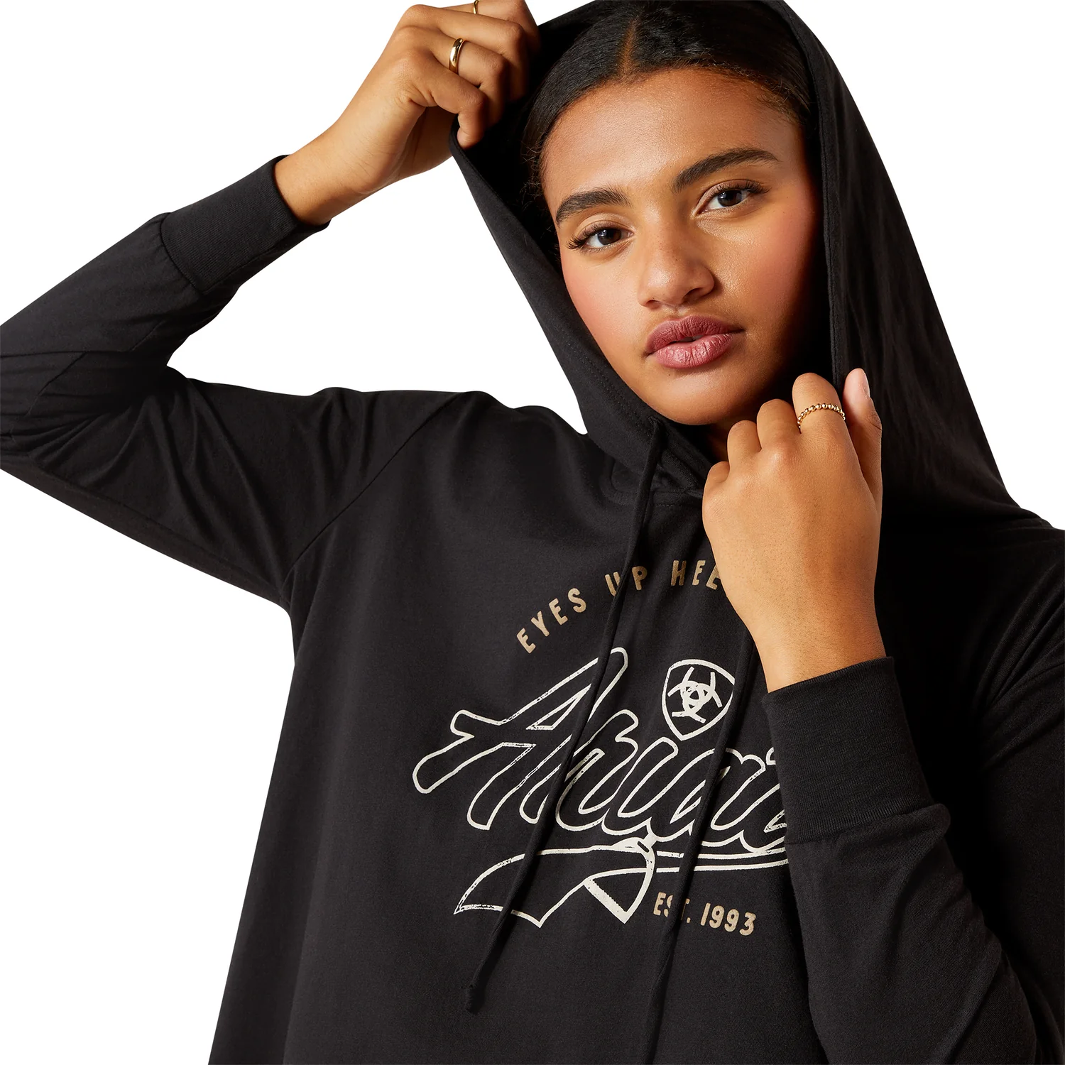 Ariat Women's Heels Down Long Sleeve Hooded T-Shirt - Black - Image 3