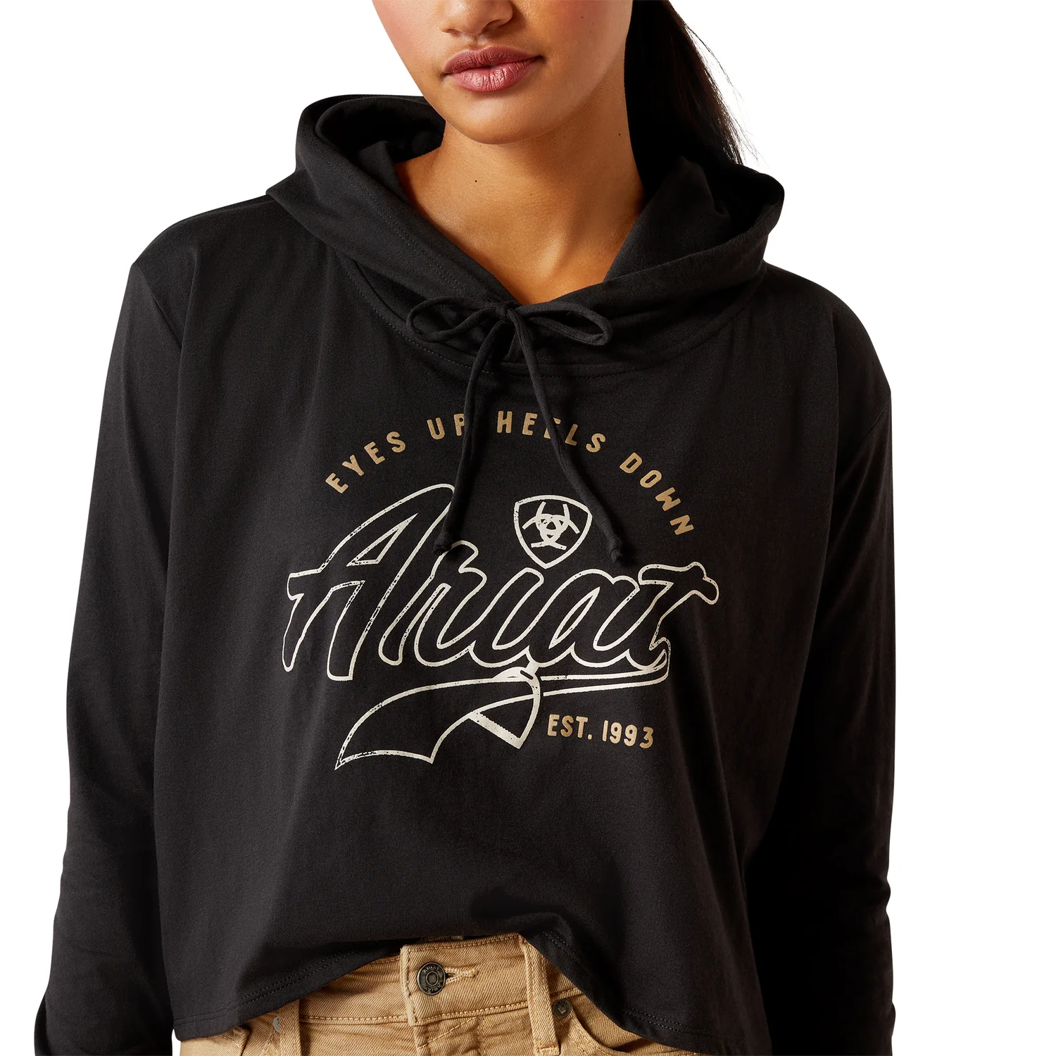 Ariat Women's Heels Down Long Sleeve Hooded T-Shirt - Black - Image 4