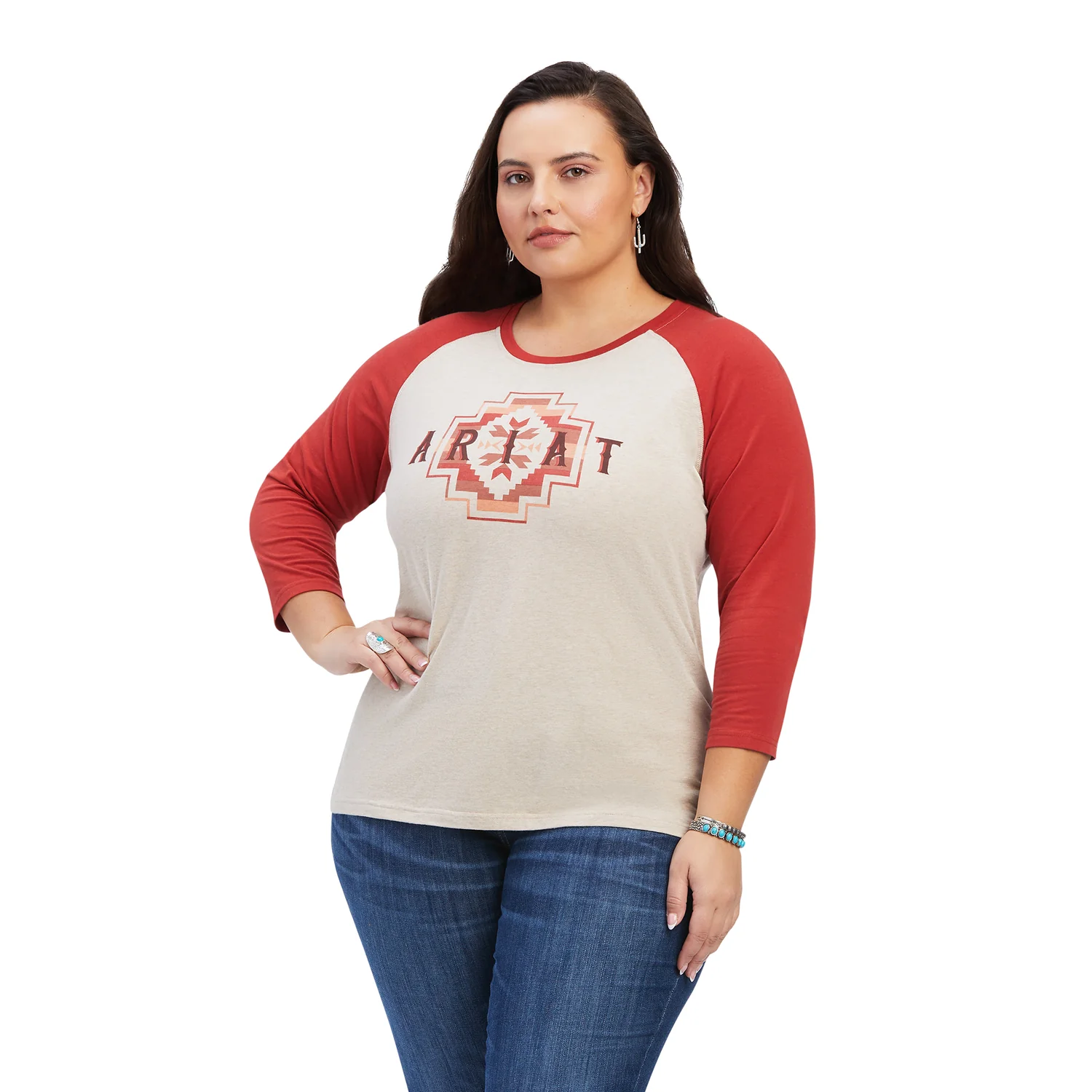 Ariat Women's Classic 3/4 Sleeve Tee - Oatmeal Heather / Sunrise - Image 4