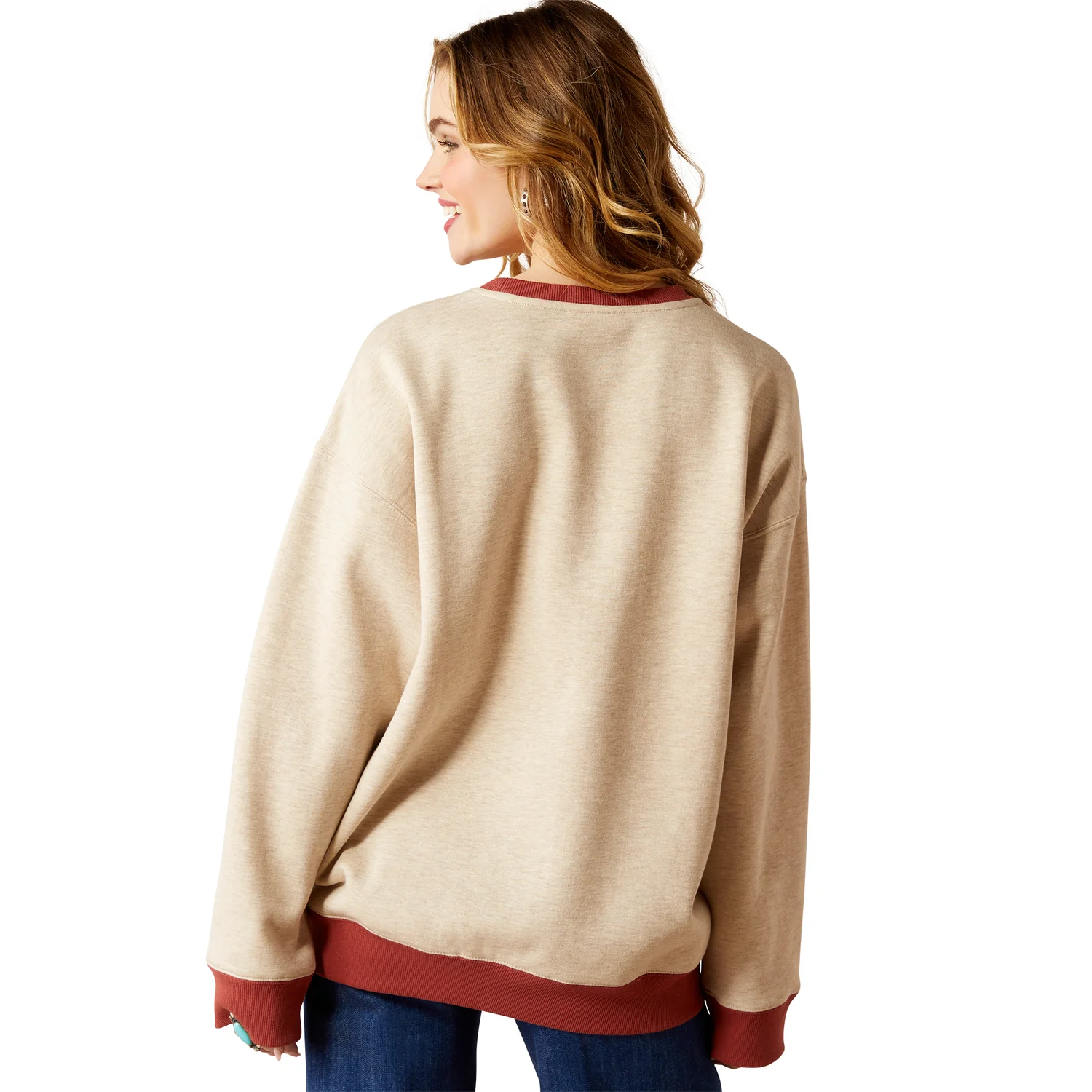 Ariat Women's Roughstock Oversized Crew Sweatshirt - Oatmeal Heather/Marsala - Image 2