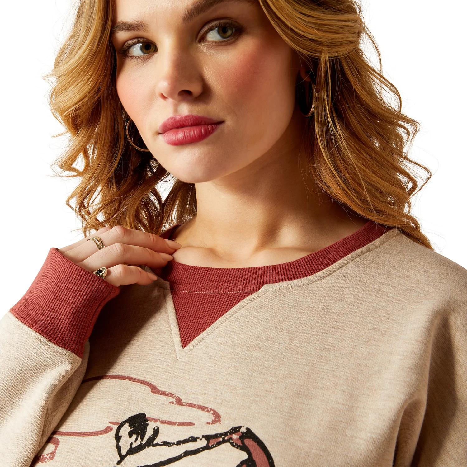 Ariat Women's Roughstock Oversized Crew Sweatshirt - Oatmeal Heather/Marsala - Image 4