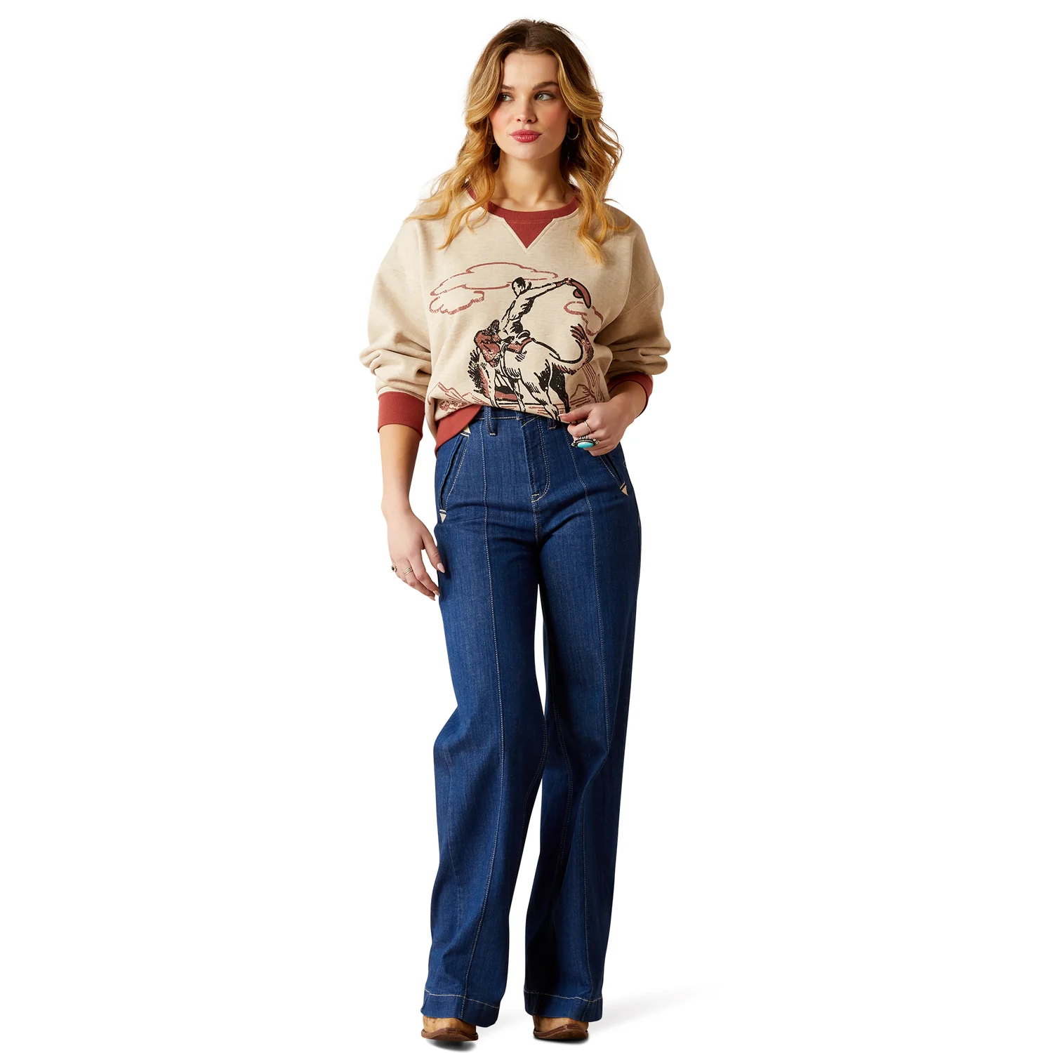 Ariat Women's Roughstock Oversized Crew Sweatshirt - Oatmeal Heather/Marsala - Image 5