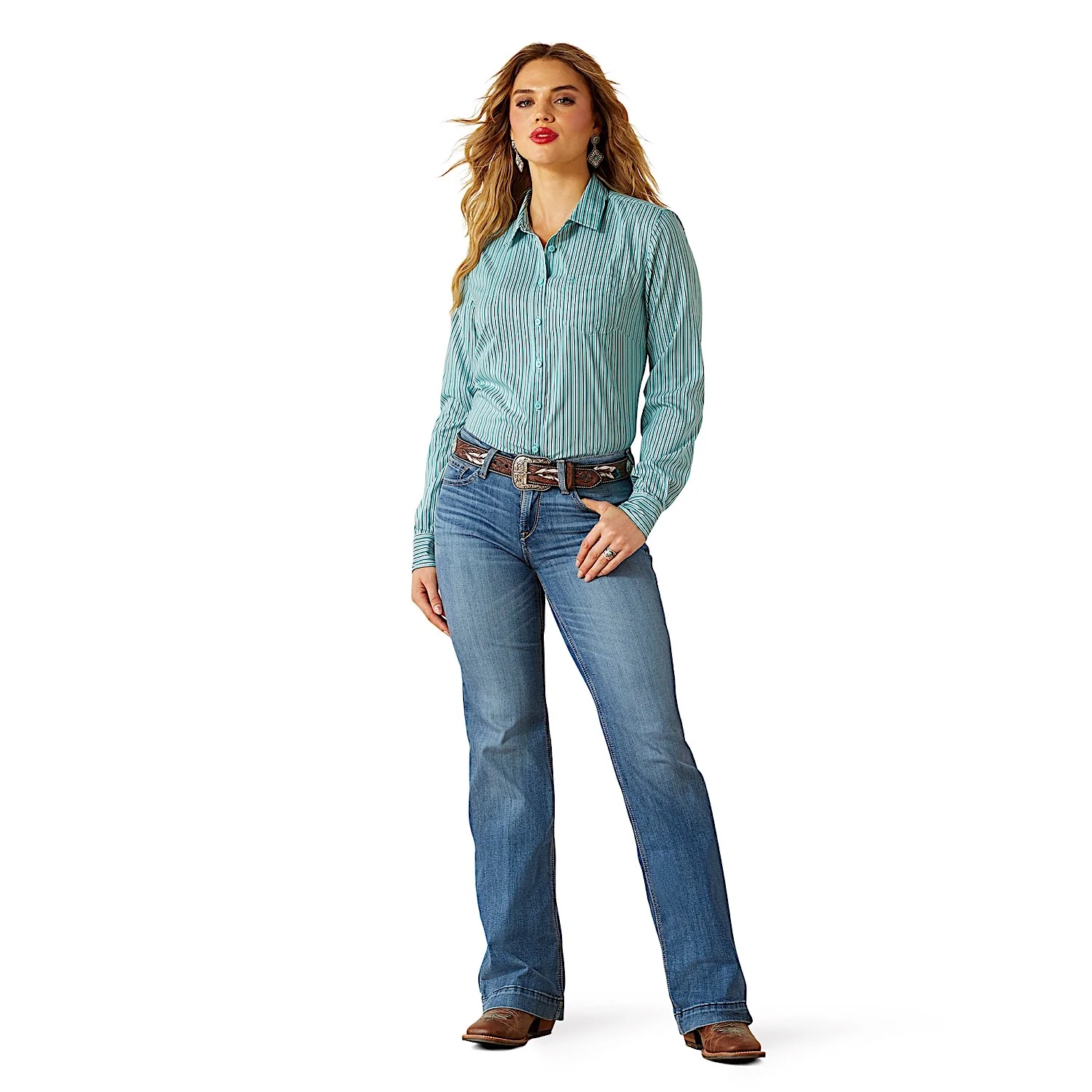 Ariat Women's Team Kirby Pro Shirt - Aqua Stripe - Image 3
