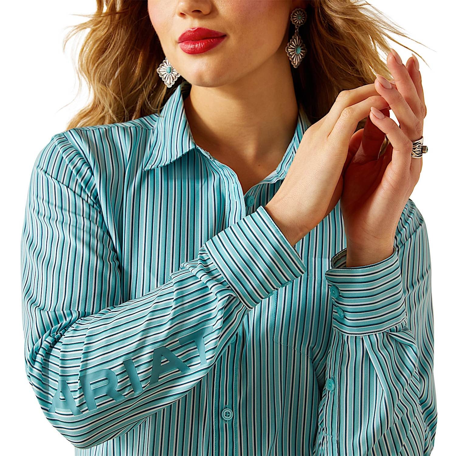 Ariat Women's Team Kirby Pro Shirt - Aqua Stripe - Image 4