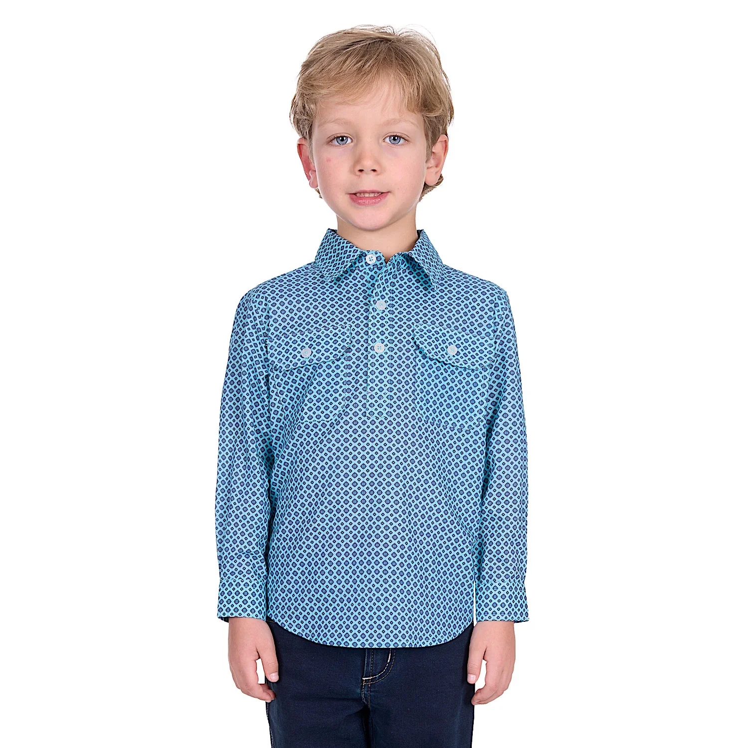Hard Slog Kid's Lygon Half Placket Long Sleeve Shirt - Blue/Navy - Image 2