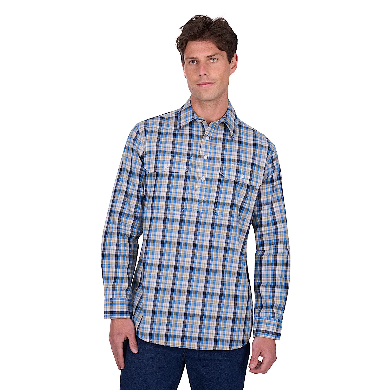 Hard Slog Men's Gibson Half Placket Long Sleeve Shirt - Blue/Tan