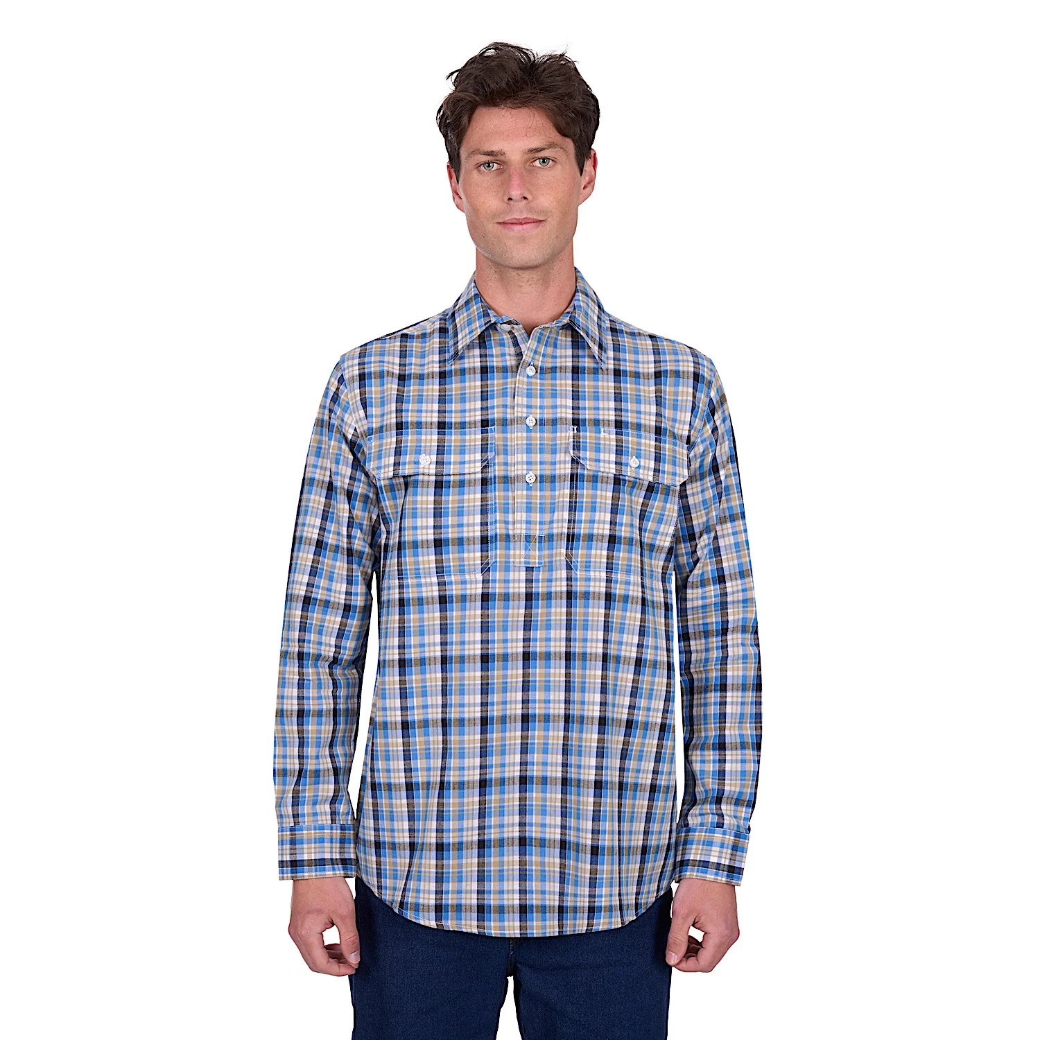 Hard Slog Men's Gibson Half Placket Long Sleeve Shirt - Blue/Tan - Image 2