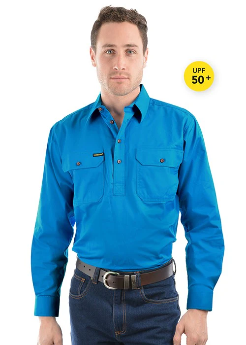 Hard Slog Men's Half Placket Light Cotton Long Sleeve Shirt Bright Blue - Image 2