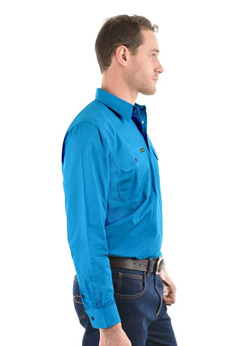 Hard Slog Men's Half Placket Light Cotton Long Sleeve Shirt Bright Blue - Image 4