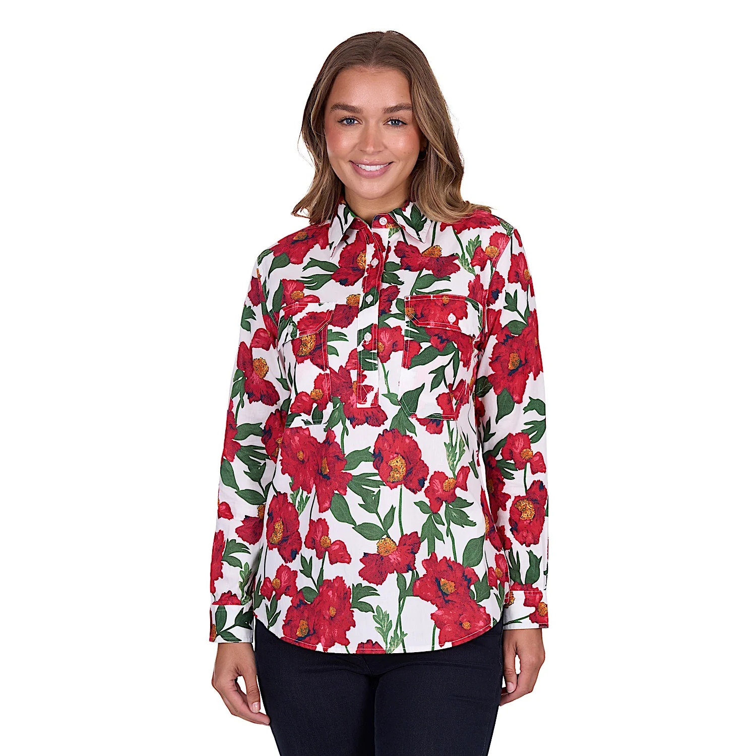 Hard Slog Women's Zoe Half Placket Long Sleeve Shirt - Red