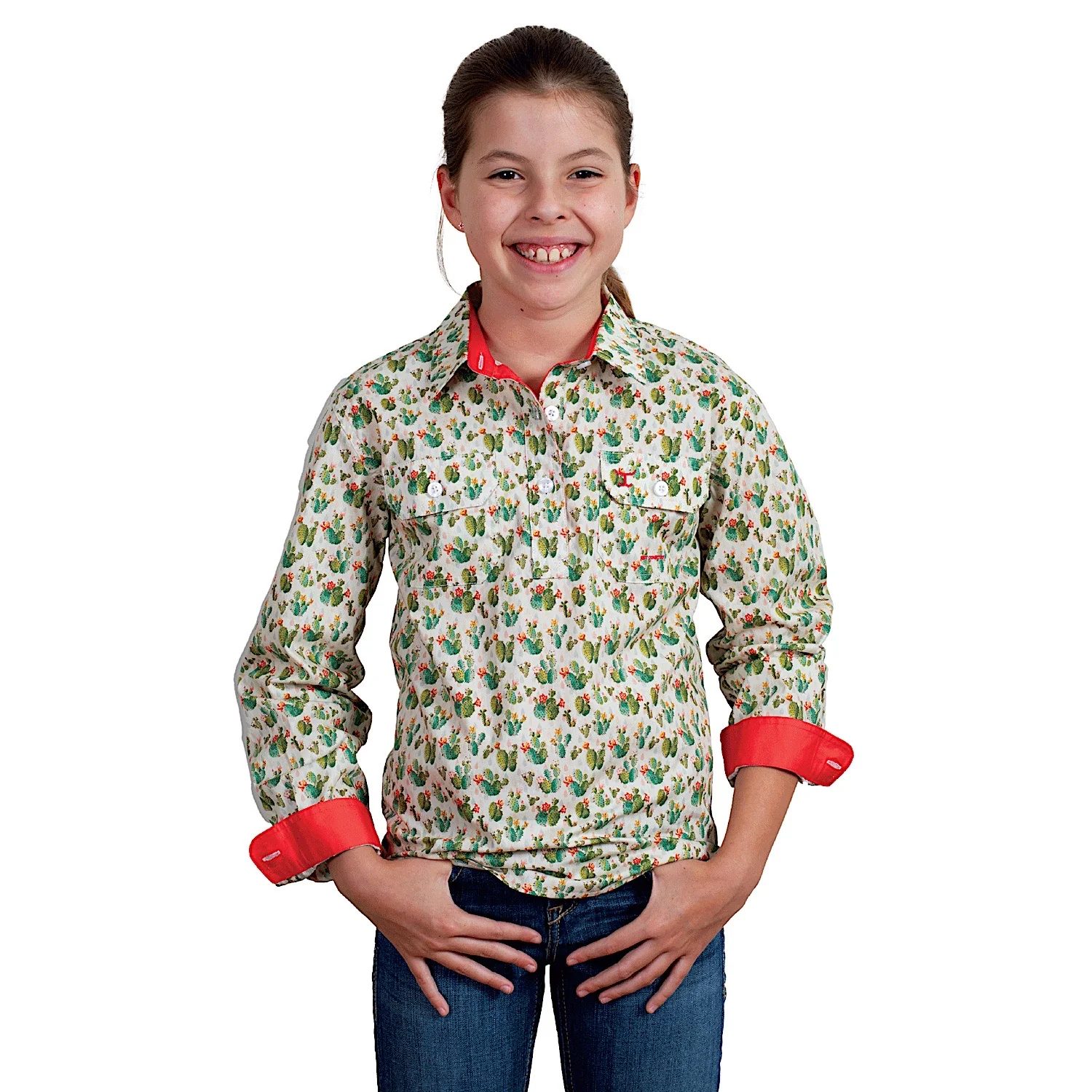 Just Country Girl's Harper Half Button Print Work Shirt - Cream Cactus