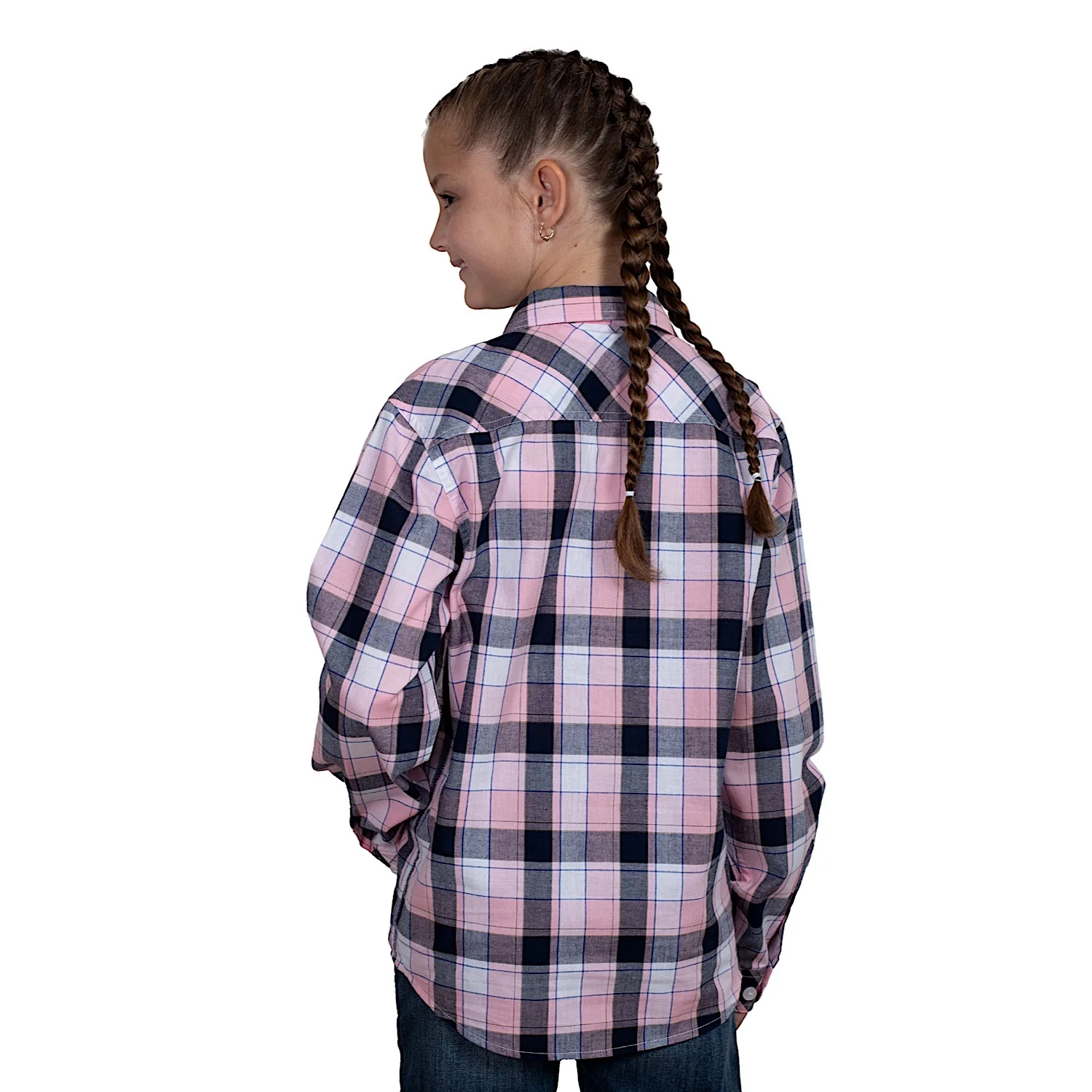 Just Country Girl's Harper Half Button Print Work Shirt - Light Pink/Navy Plaid - Image 2