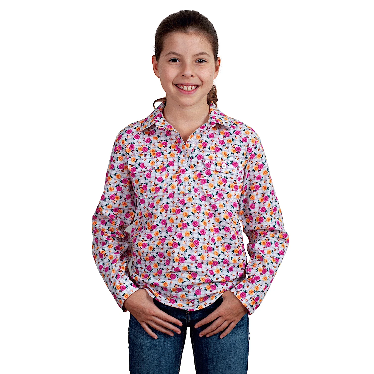 Just Country Girl's Harper Half Button Print Work Shirt - White Lattice