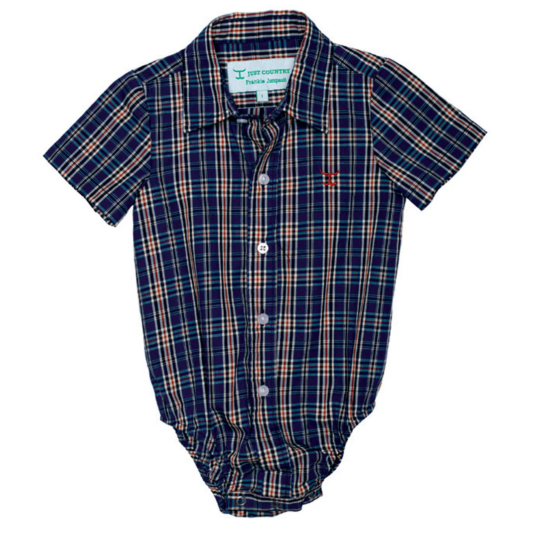 Just Country Infant Frankie Short Sleeve Full Button Jumpsuit - Cobalt/Rust Plaid