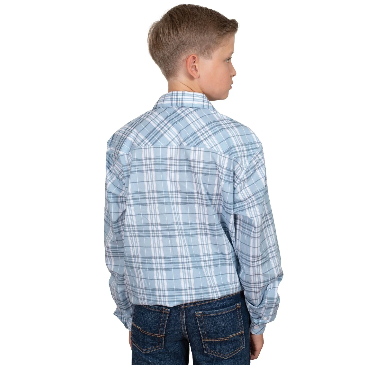 Just Country Kids Brayden Half Button Print Work Shirt - Light Blue Plaid - Image 2