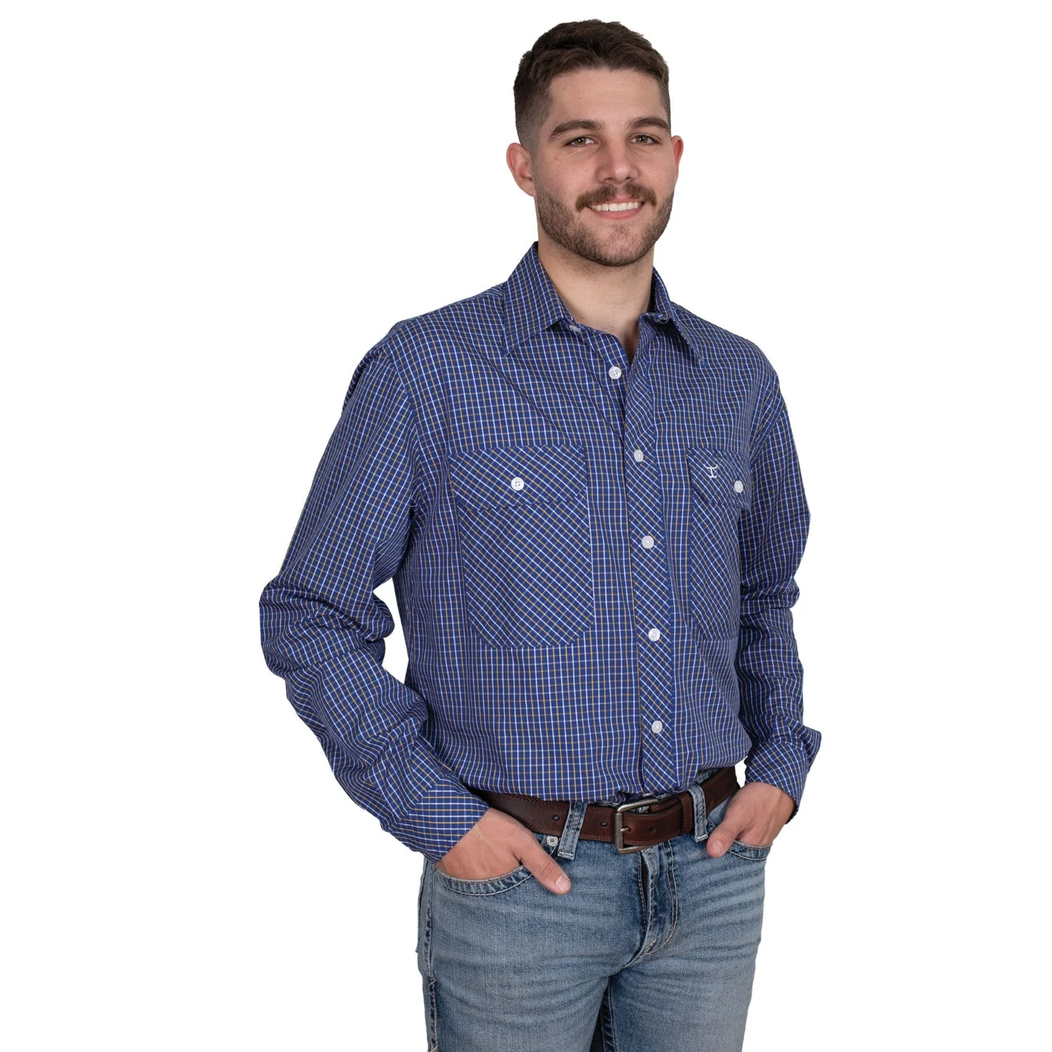 Just Country Men's Austin Full Button Shirt - Cobalt/White/Yellow Check