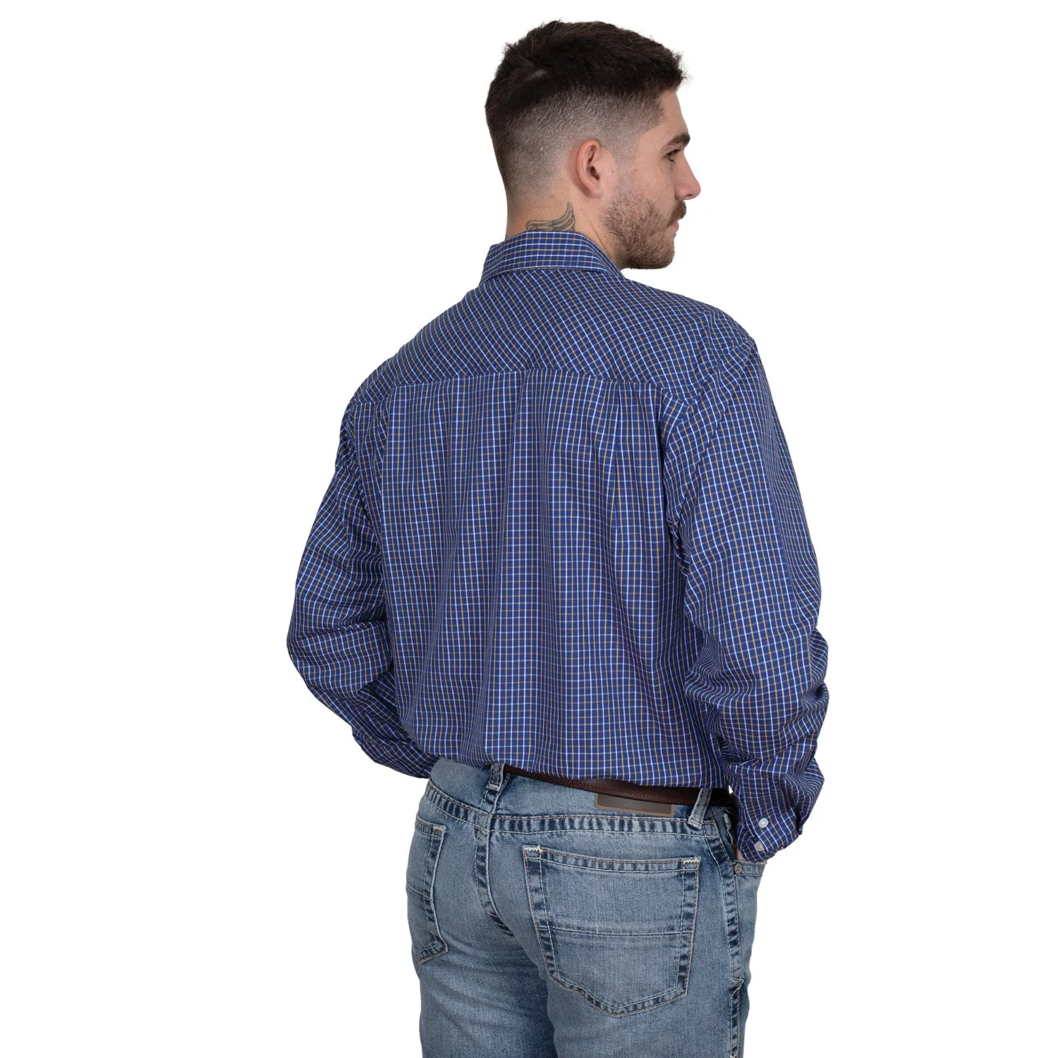Just Country Men's Austin Full Button Shirt - Cobalt/White/Yellow Check - Image 2