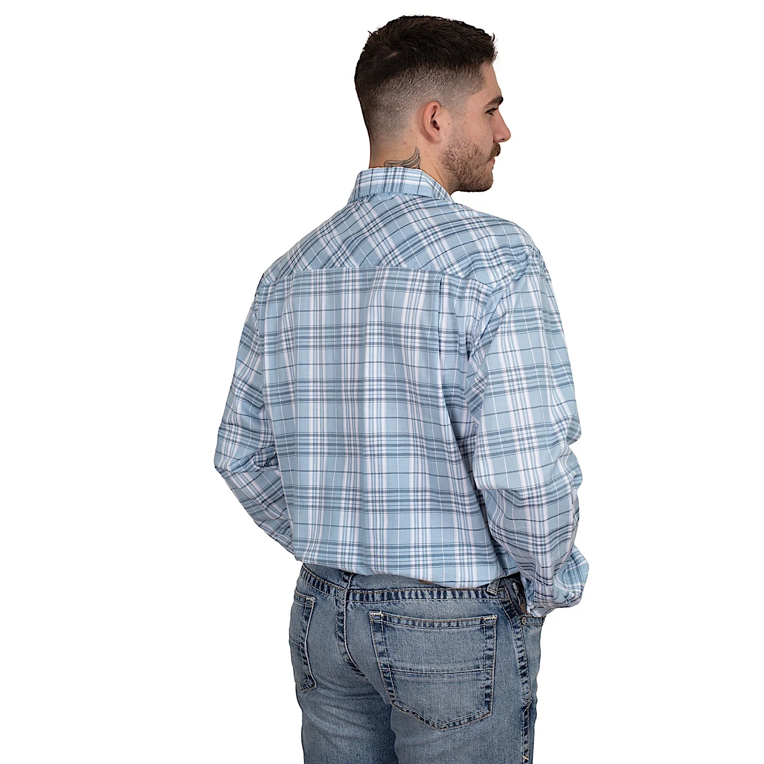 Just Country Men's Austin Full Button Print Workshirt - Light Blue Plaid - Image 2