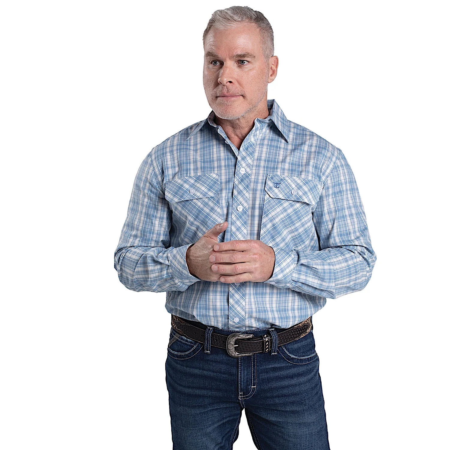 Just Country Men's Full Button Plaid Workshirt - Cornflower/White Plaid