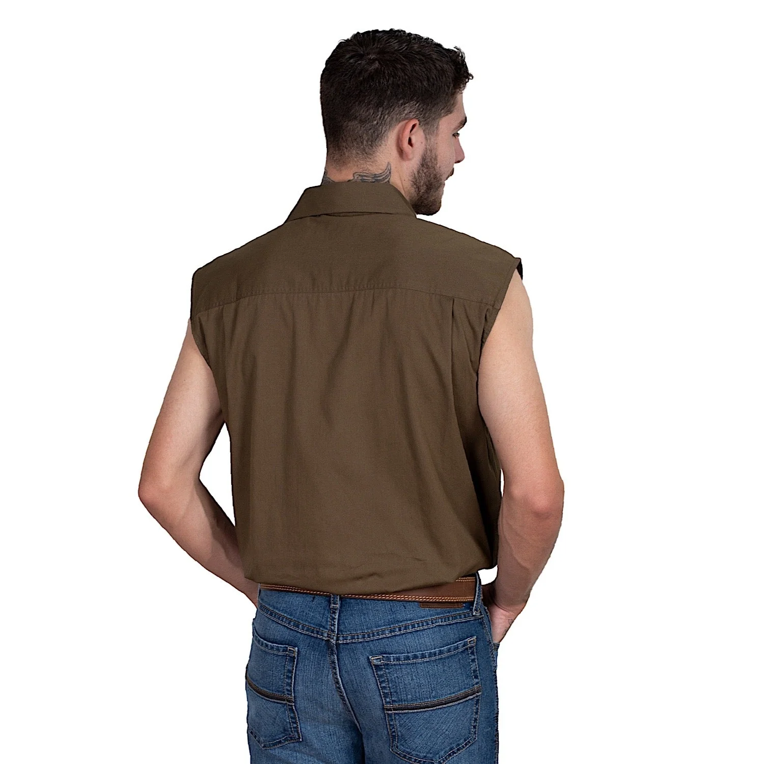 Just Country Mens Jack 1/2 Button Sleeveless Work Shirt - Bark - Image 2