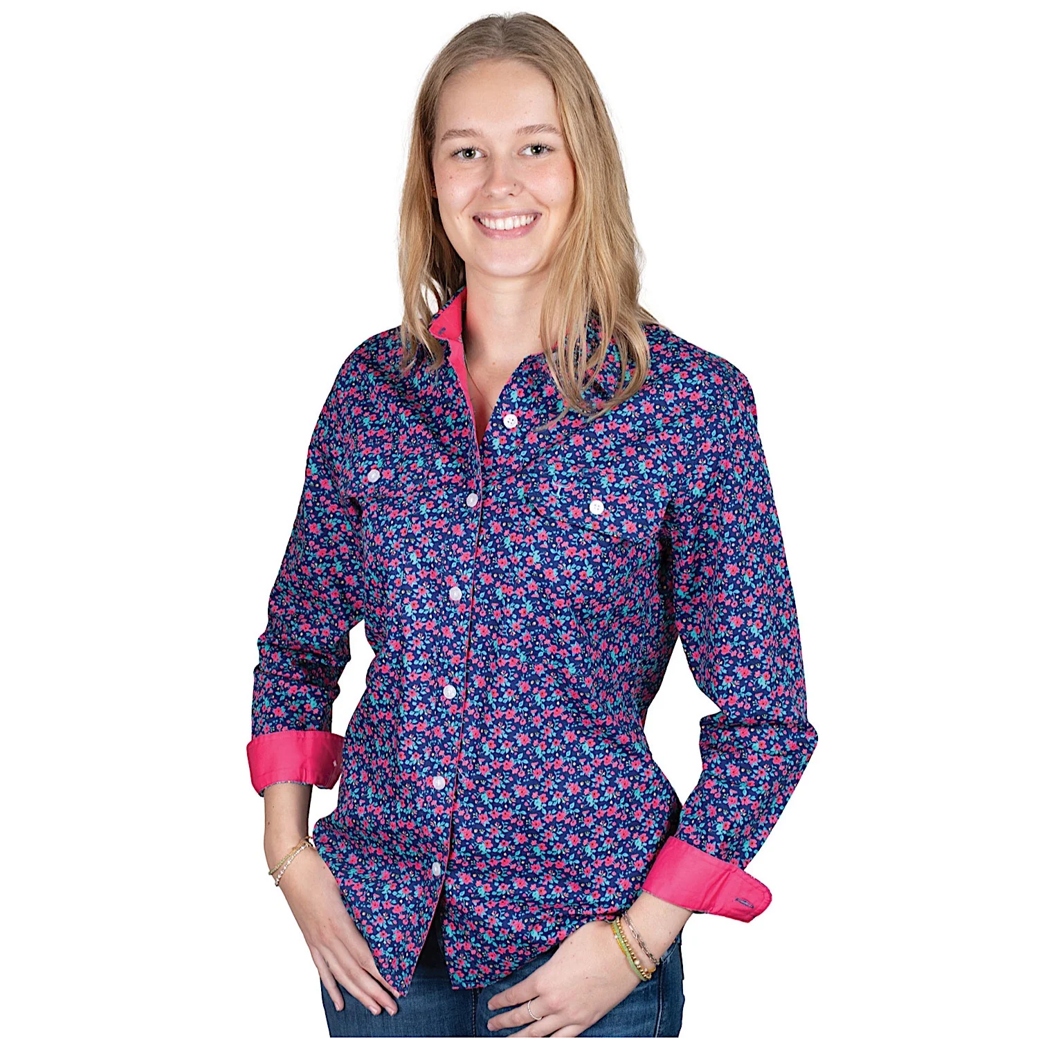 Just Country Women's Abbey Full Button Print Workshirt - Navy Pansies/Hot Pink