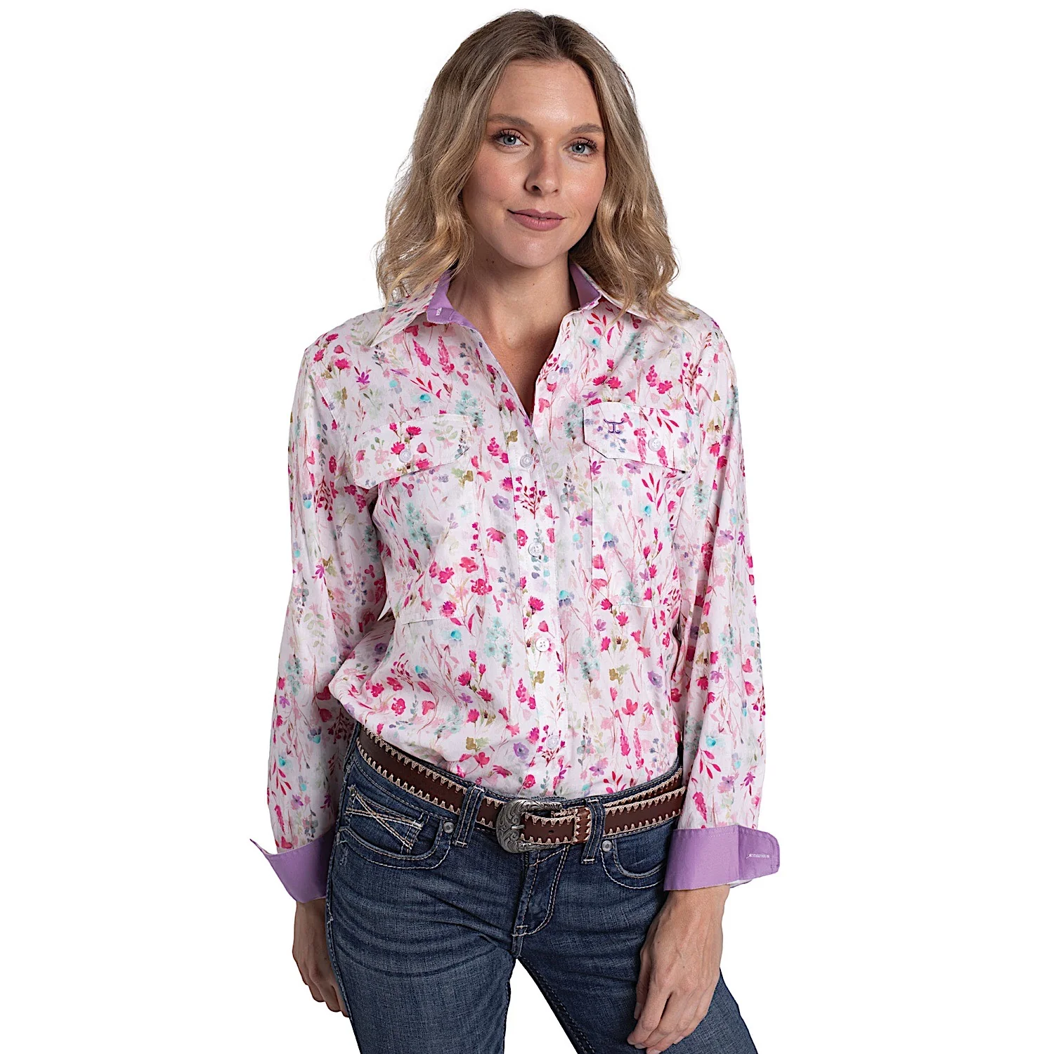 Just Country Women's Abbey Full Button Print Workshirt - White Wildflowers/Orchid