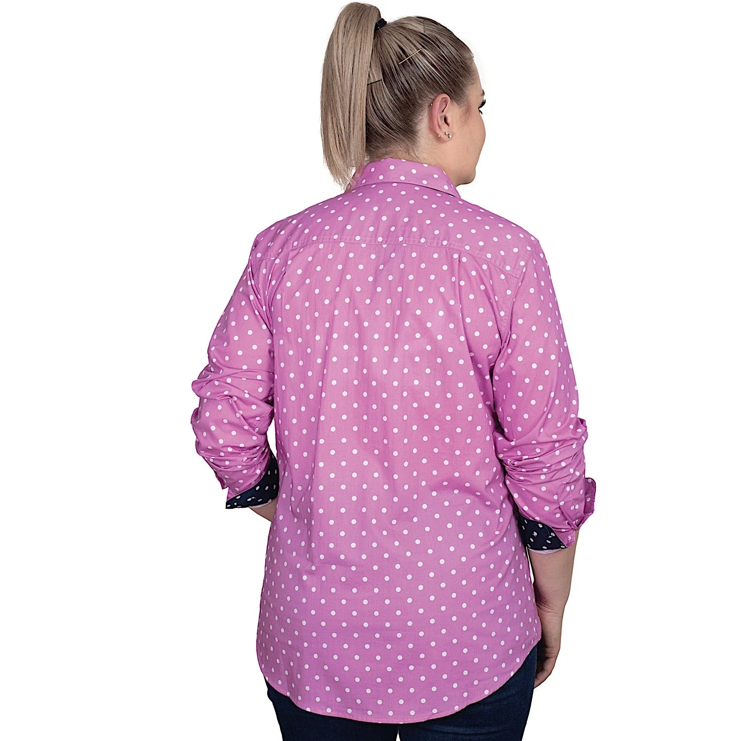 Just Country Women's Abbey Full Button Work Shirt - Radiant Orchid Dots/Navy Dots - Image 2