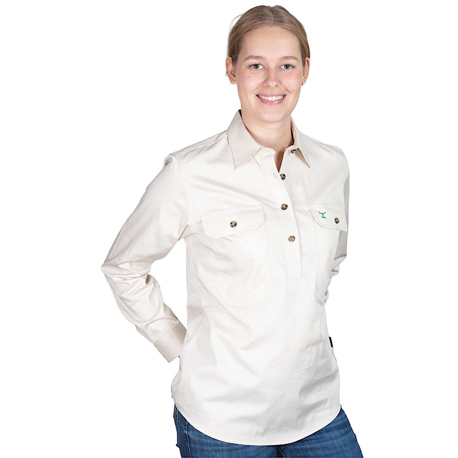 Just Country Women's Jahna Half Button Work Shirt - Oat
