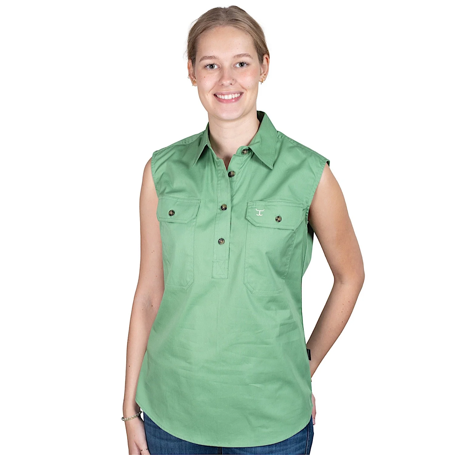 Just Country Women's Kerry Half Button Sleeveless Workshirt - Jade