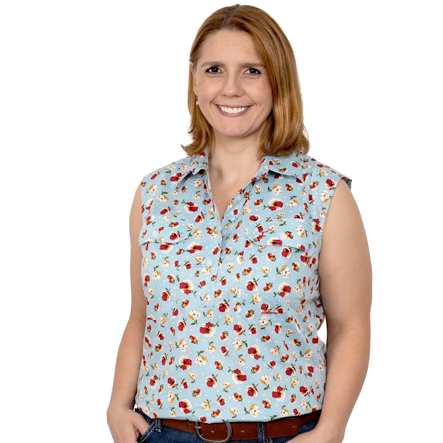 Just Country Womens Lilly Half Button Sleeveless Print Work Shirt Sea Salt Poppy