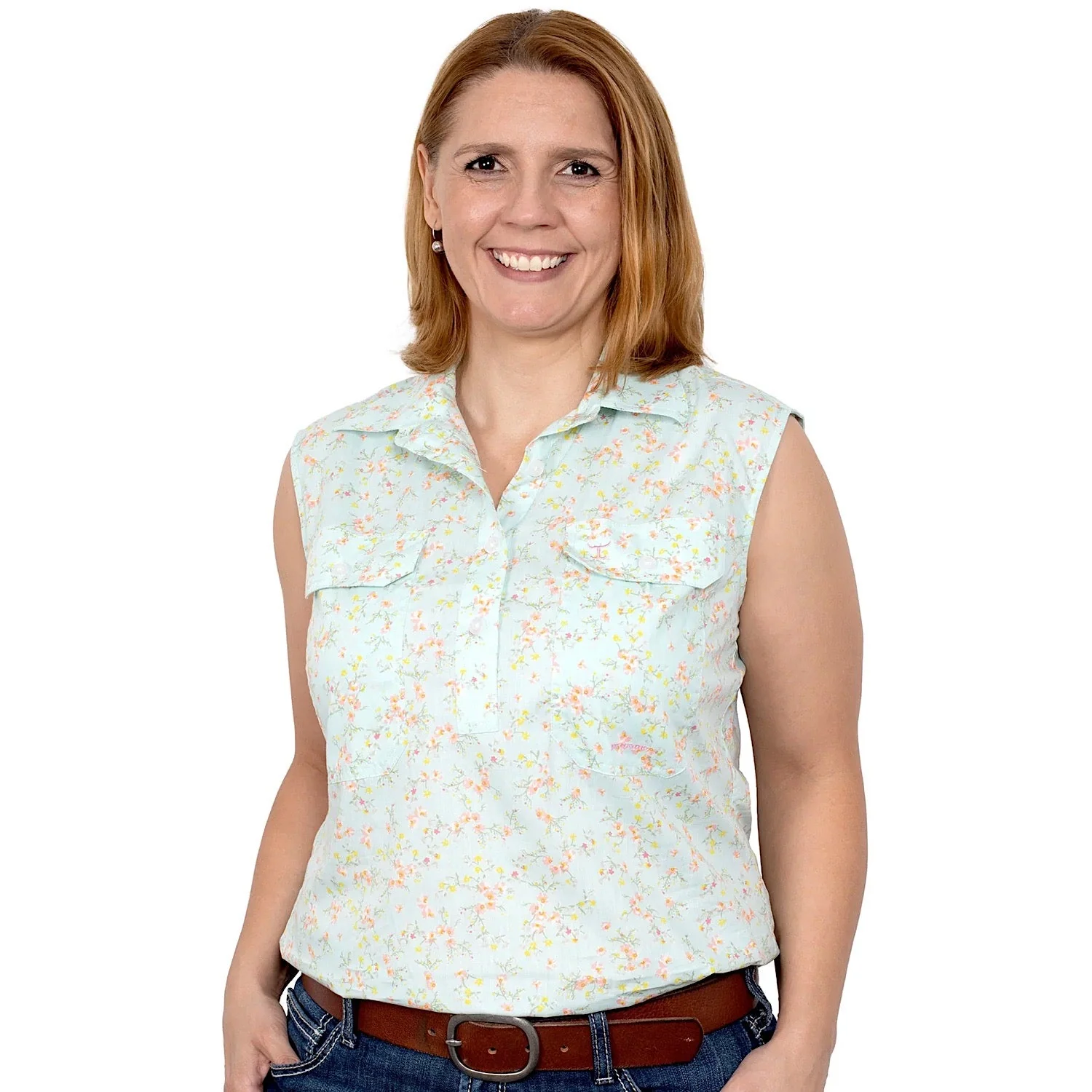 Just Country Women's Lilly Half Button Sleeveless Print Work Shirt - Spearmint Wax Flowers