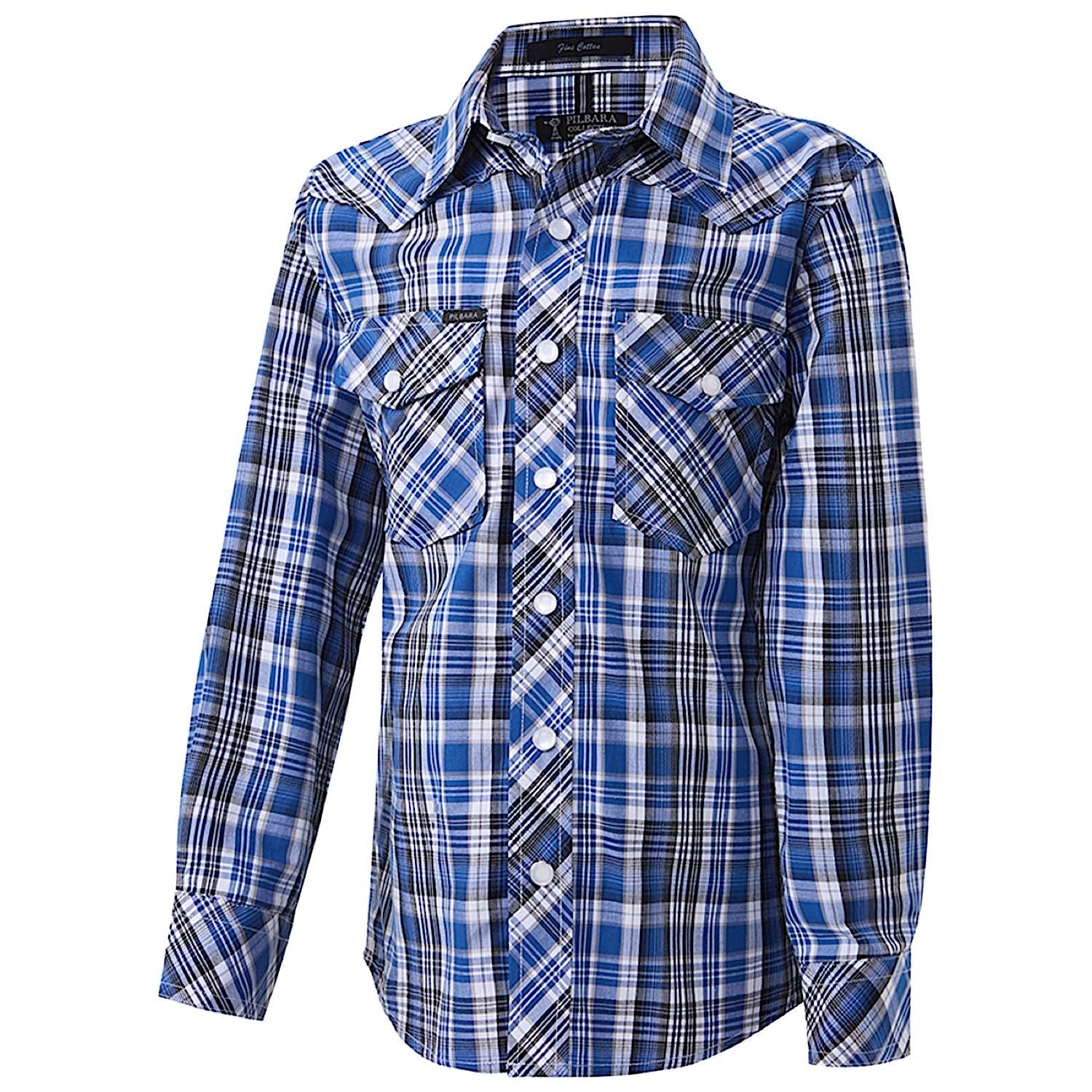 Pilbara Kid's Western Snap Button Shirt - Blue/Black/White