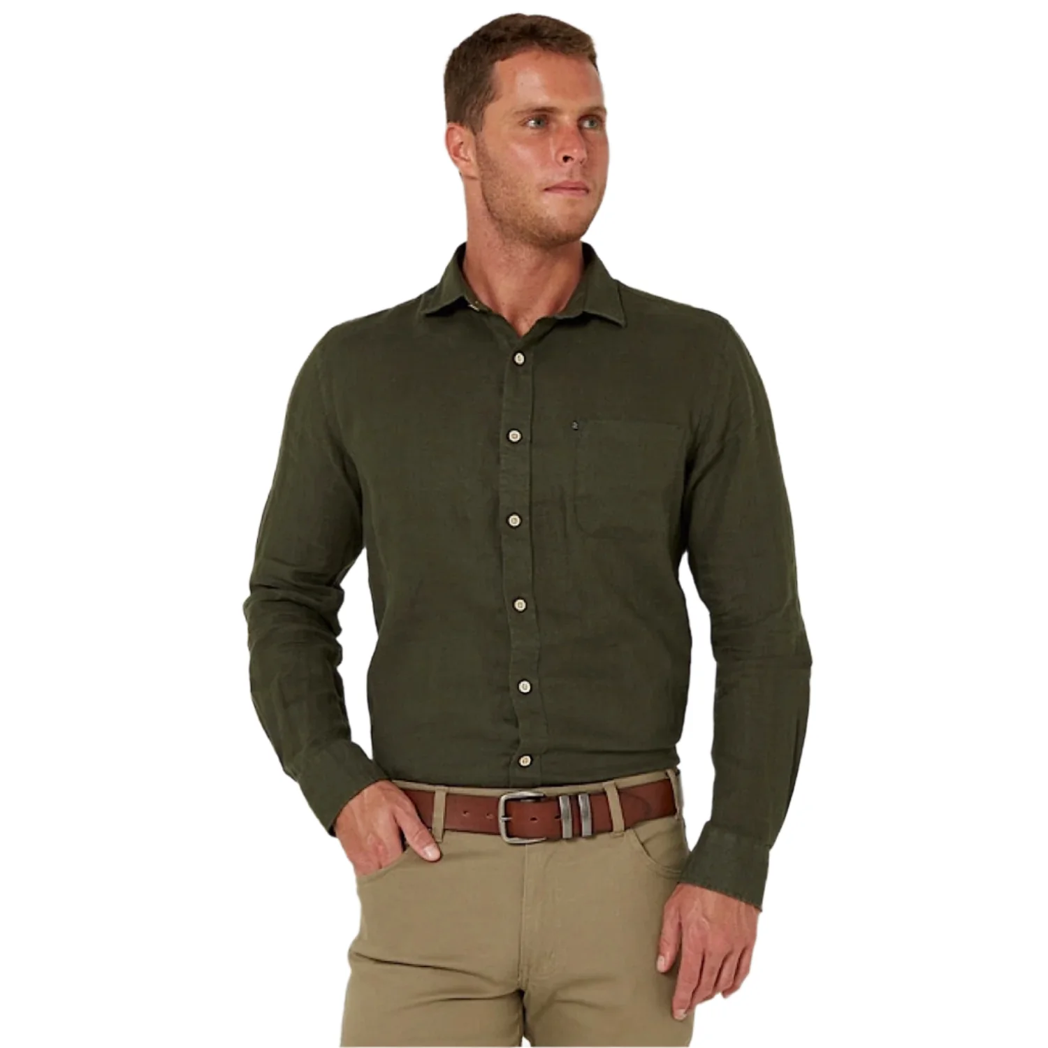 Pilbara Men's Classic Fit Linen Shirt - Olive - Image 2