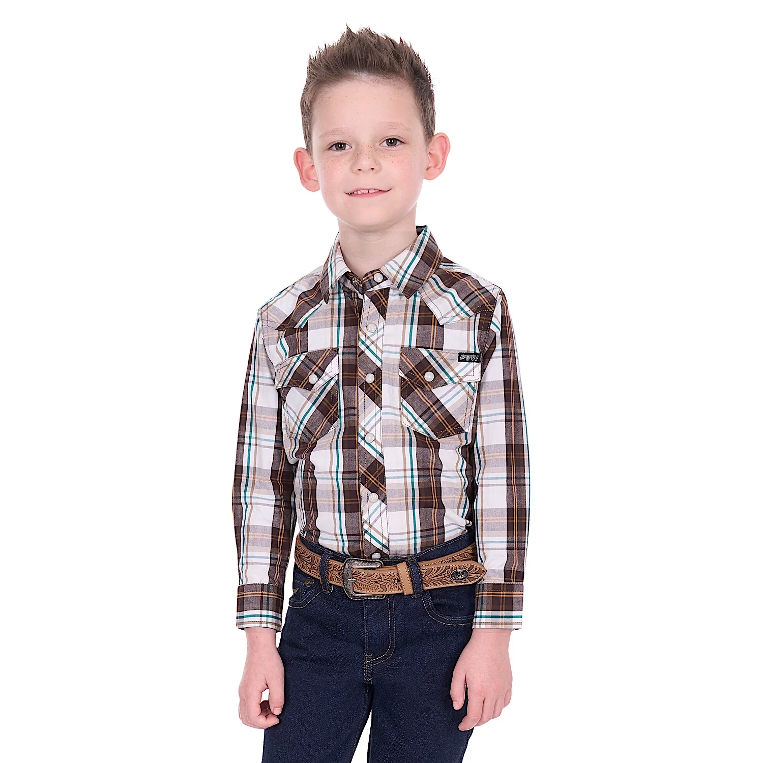 Pure Western Boy's Roger Shirt - Dark Tan/White