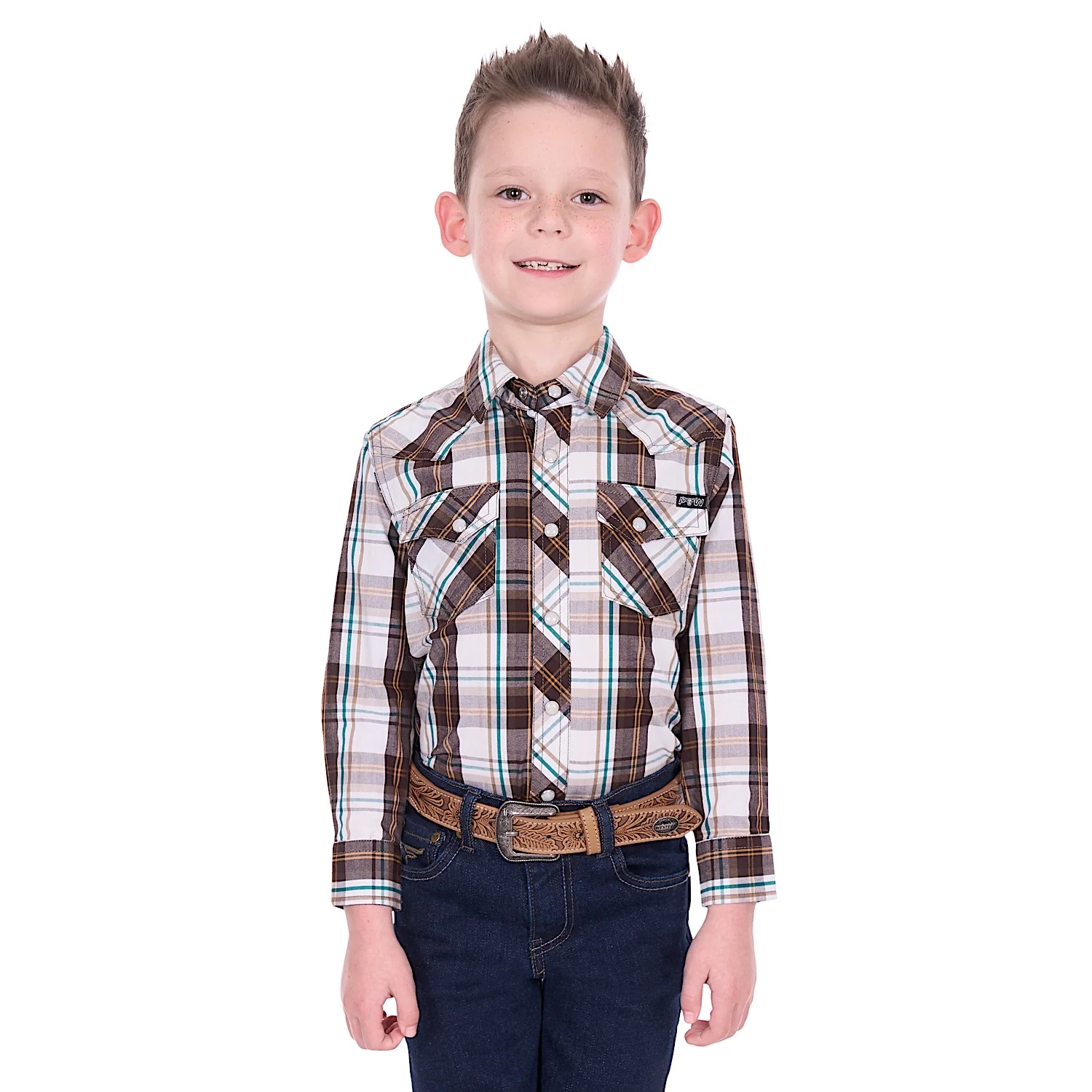Pure Western Boy's Roger Shirt - Dark Tan/White - Image 2