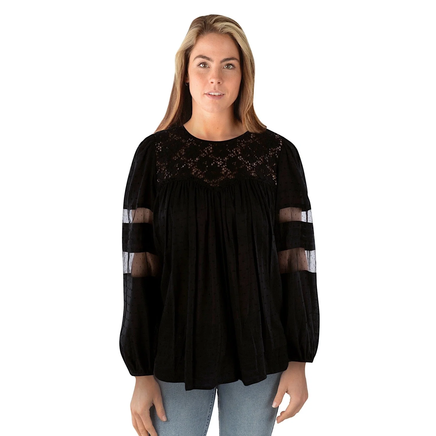 Pure Western Women's Faye Lace Trim Blouse - Black