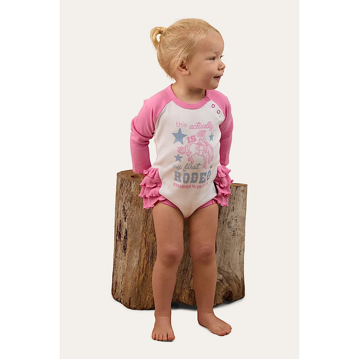 Ringers Western Babies Rodeo Gal Long Sleeve Frill Romper - White/Pink