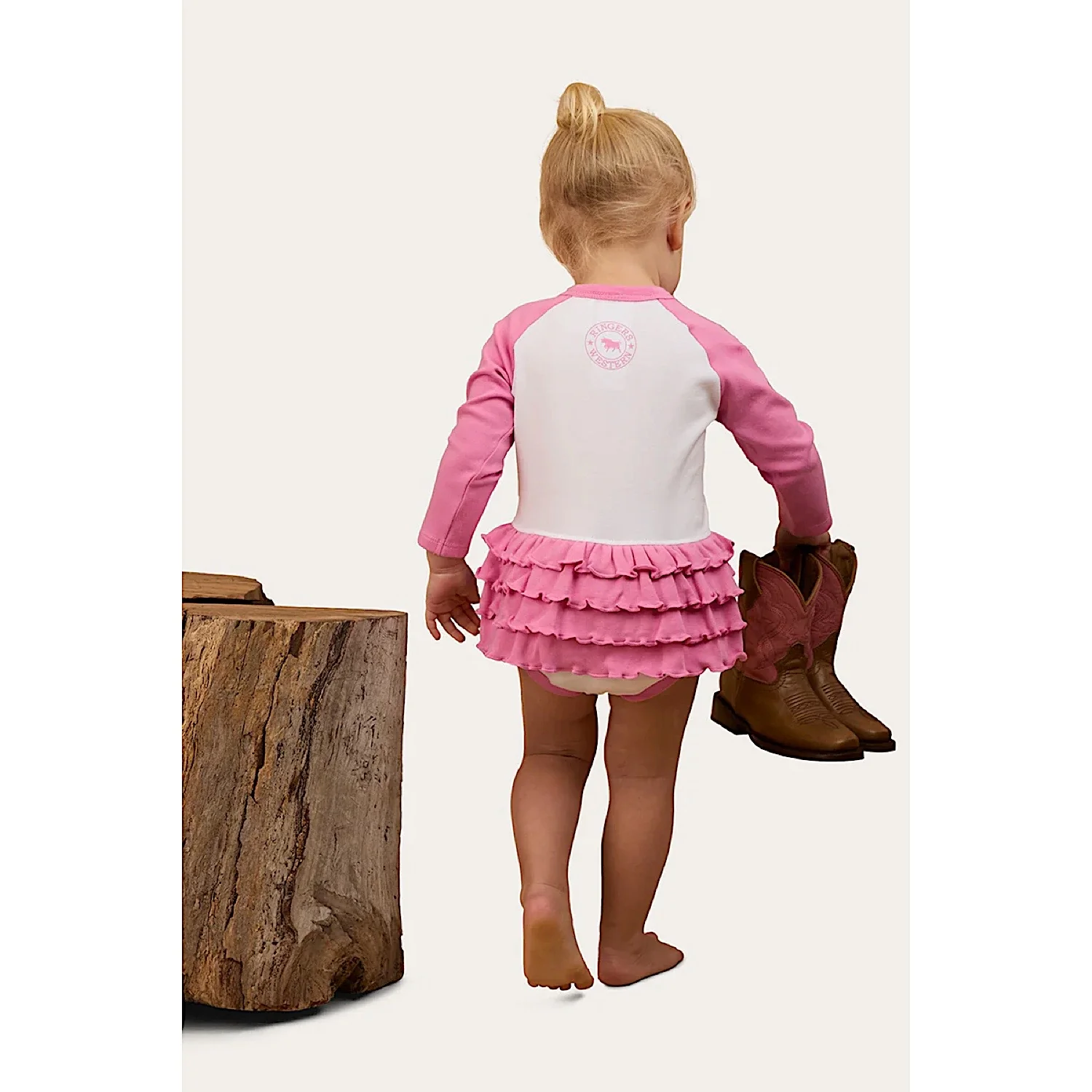 Ringers Western Babies Rodeo Gal Long Sleeve Frill Romper - White/Pink - Image 2