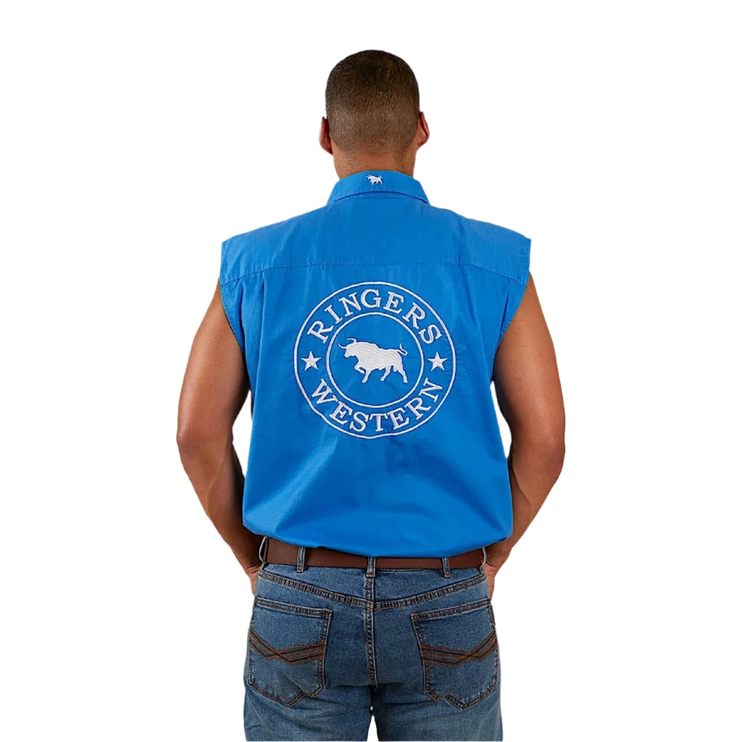 Ringers Western Men's Hawkeye Sleeveless Work Shirt - Blue/White - Image 2