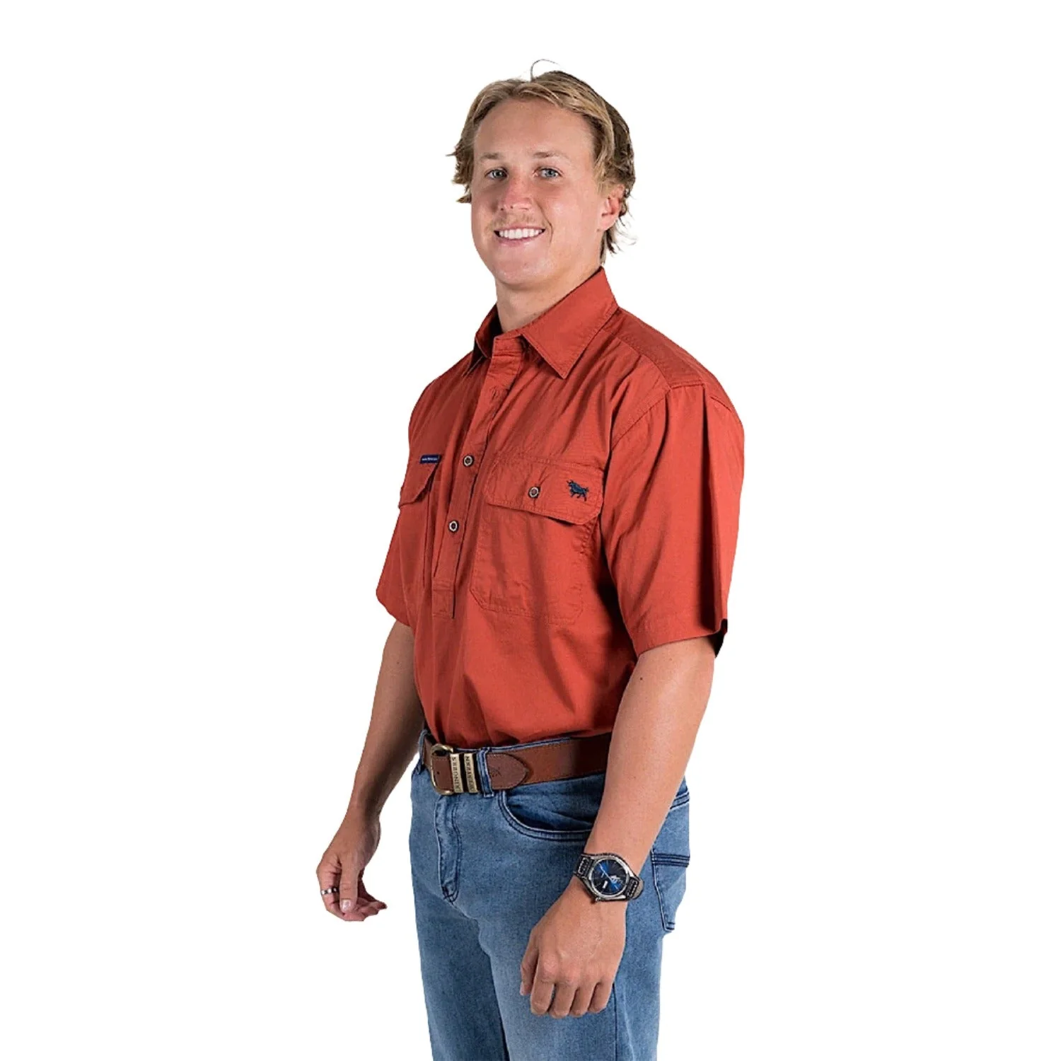 Ringers Western Pack Saddle Men's Short Sleeve Half Button Work Shirt - Terracotta - Image 2