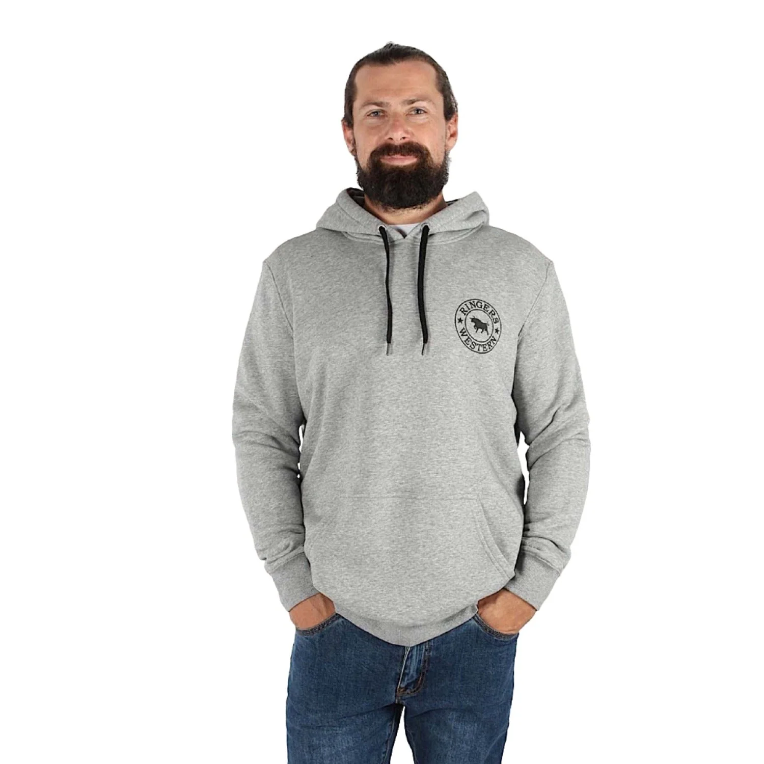 Ringers Western Men's Signature Bull Pullover Hoodie - Grey Marle/Black - Image 3
