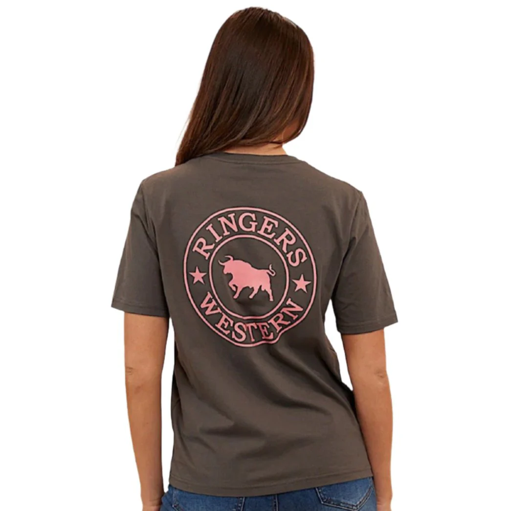 Ringers Western Women's Signature Bull Women's Loose T-Shirt - Vintage Black with Strawberry Print