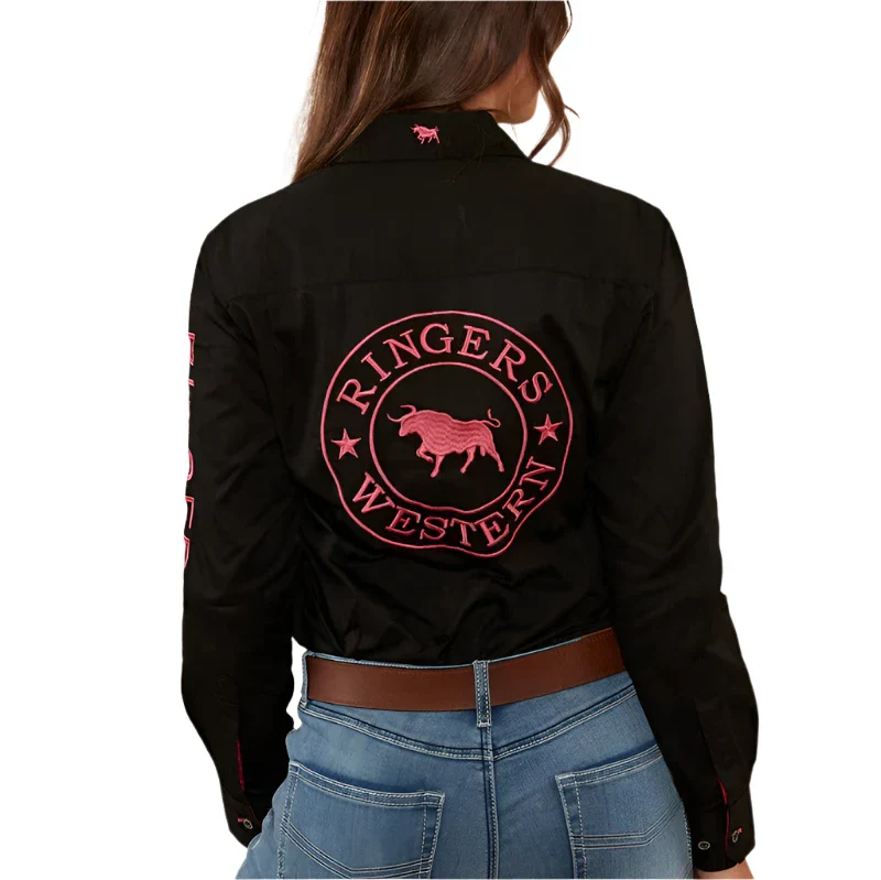 Ringers Western Women's Signature Jillaroo Full Button Work Shirt - Black/Melon - Image 2