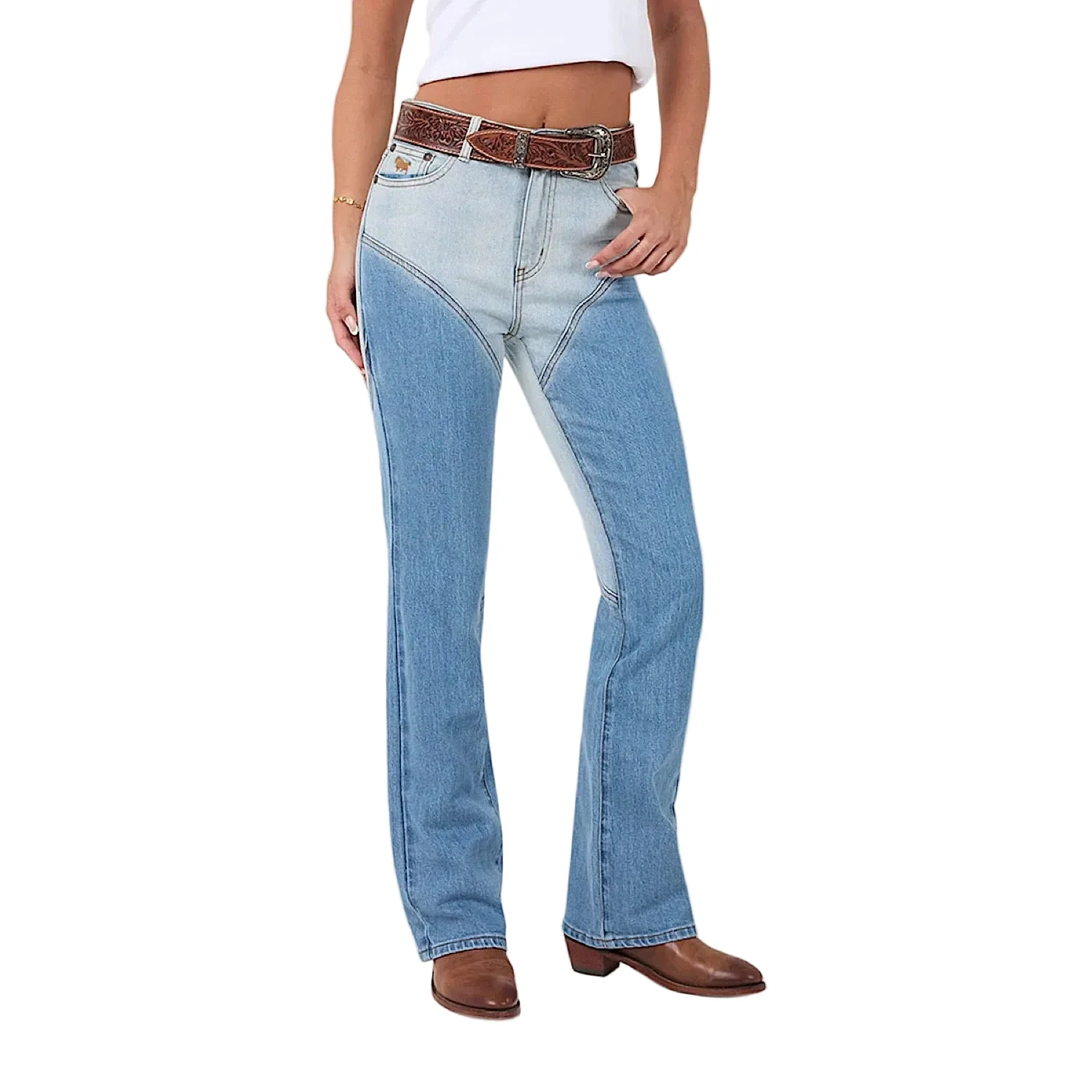 Ringers Western Women's Francesca High Rise Bootleg Western Jean - Vintage Light Blue/Dark Mid Blue - Image 2