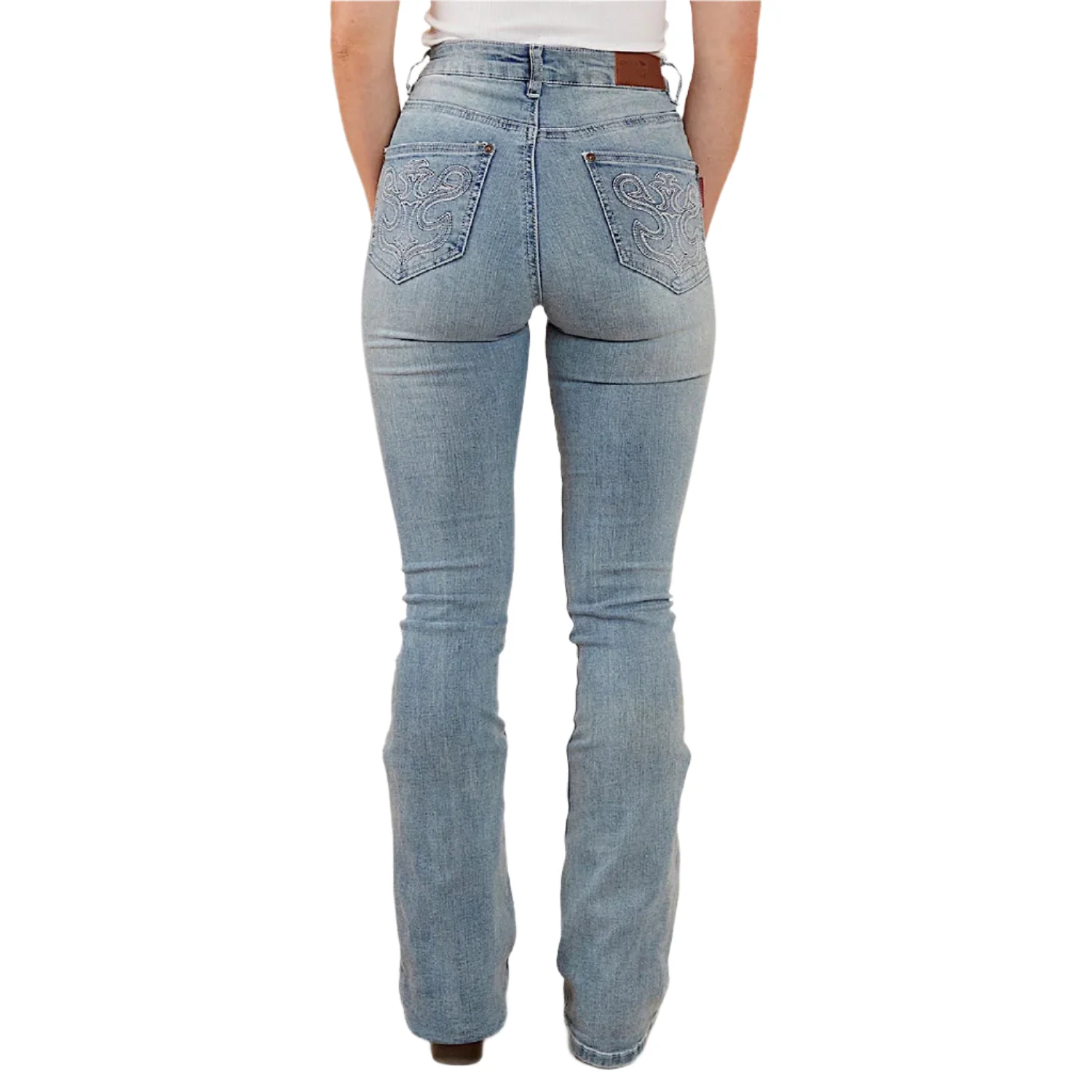 Ringers Western Women's Penny Rodeo High Rise Bootleg Jean - Light Blue Lurex Embroidered Pocket - Image 4