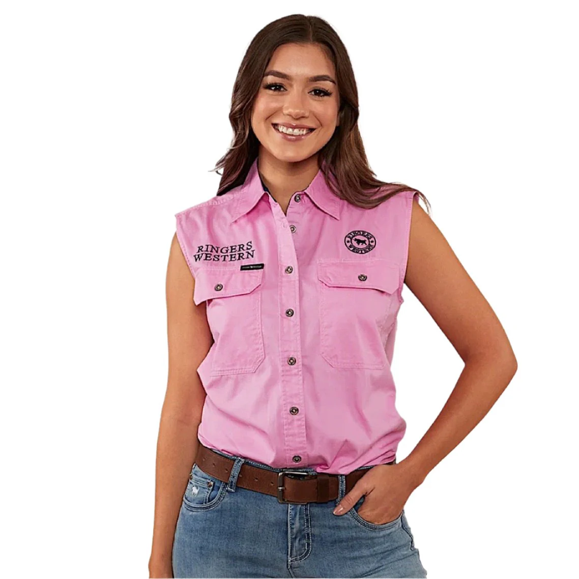 Ringers Western Women's Signature Jillaroo Sleeveless Work Shirt - Pastel Pink/Navy - Image 2